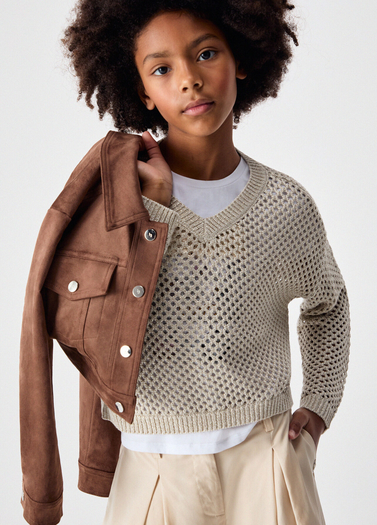 Pullover a rete con scollo a V - BEIGE