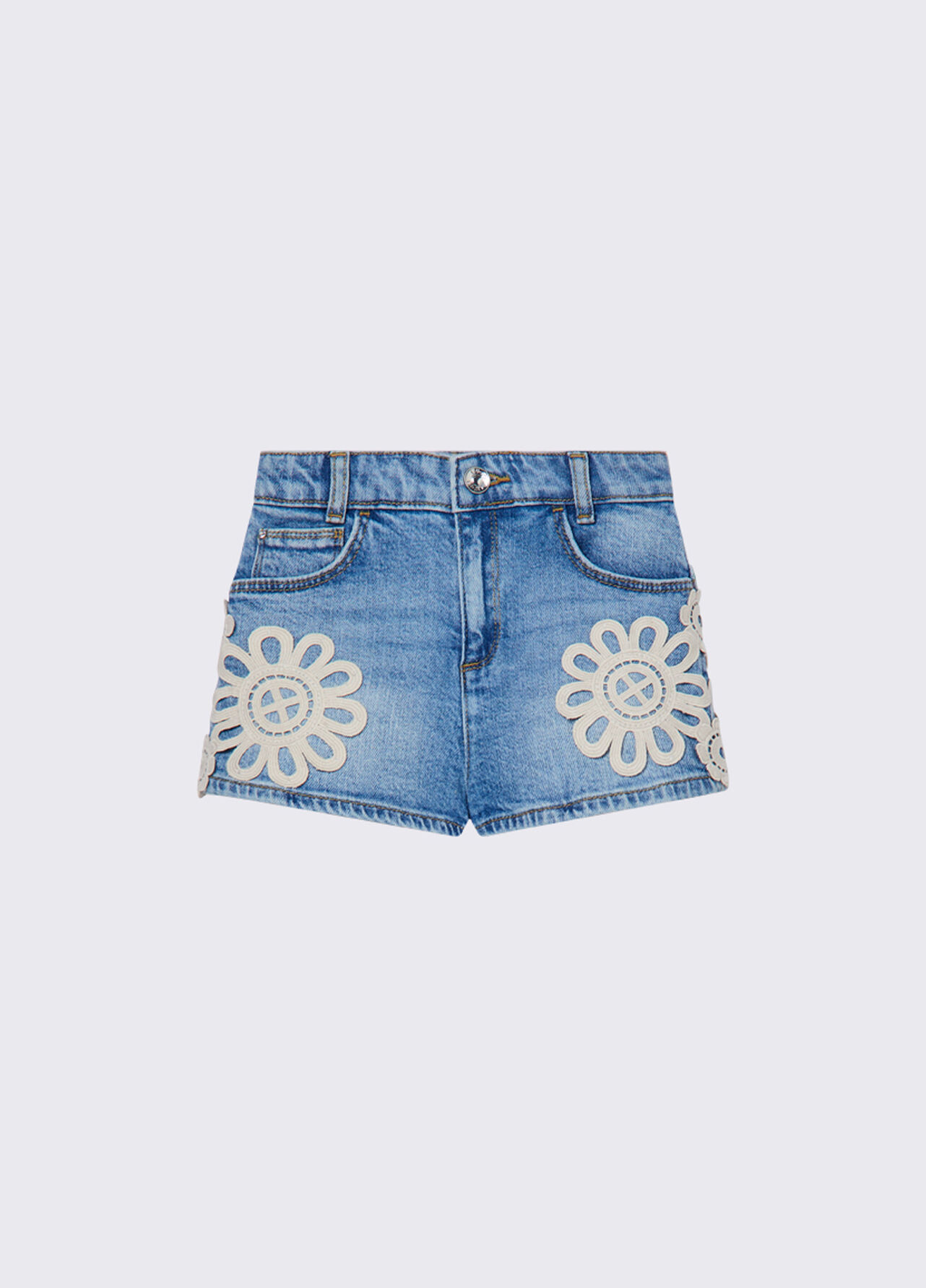 Short in denim con ricamo macramè - BLUE DENIM