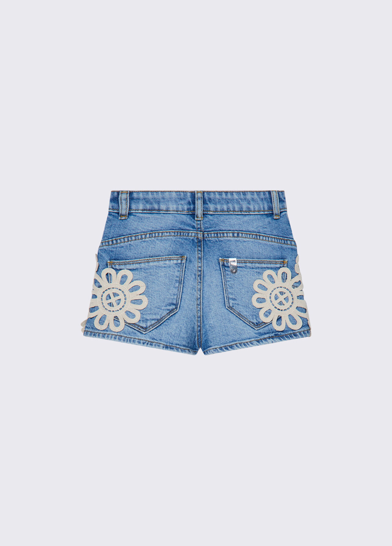 Short in denim con ricamo macramè - BLUE DENIM