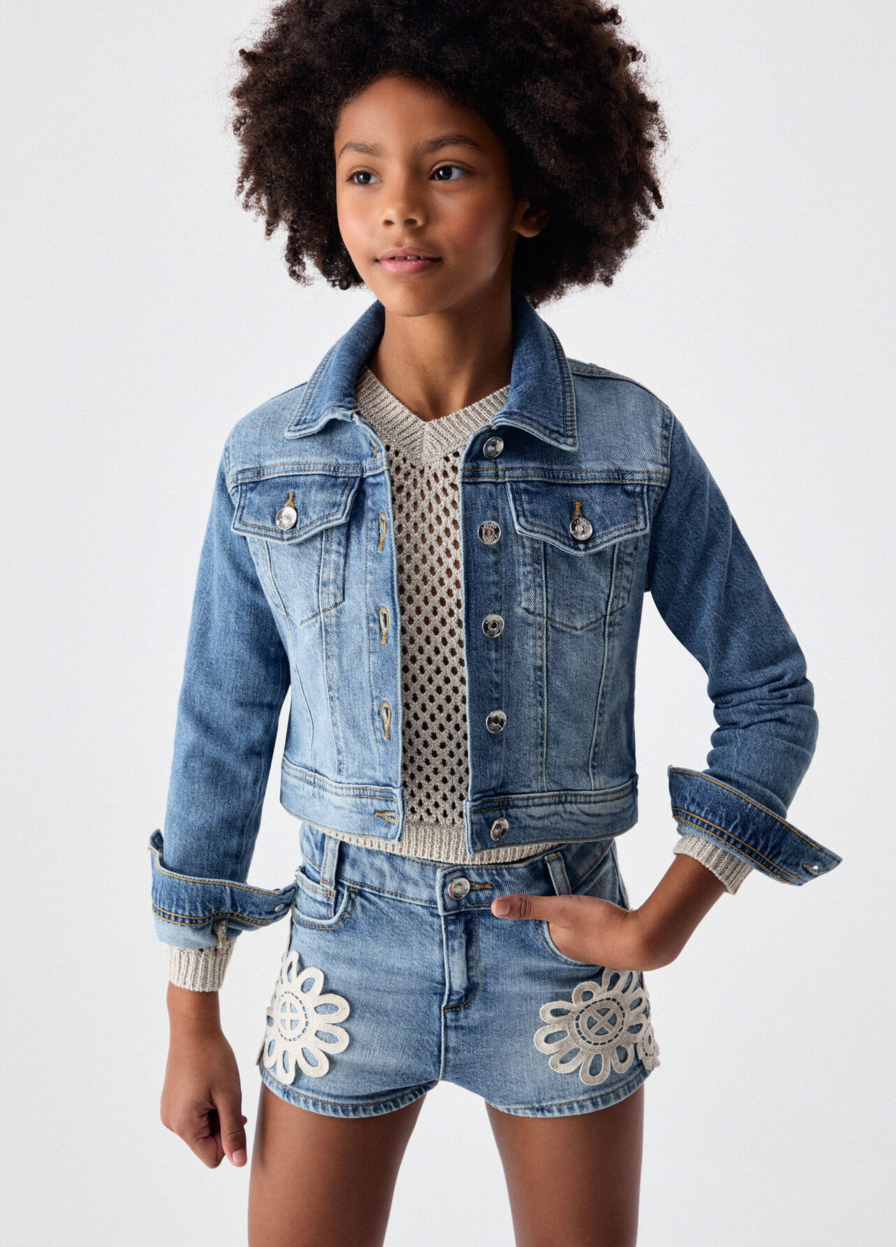 Giacca in denim con ricamo macramè - BLUE DENIM
