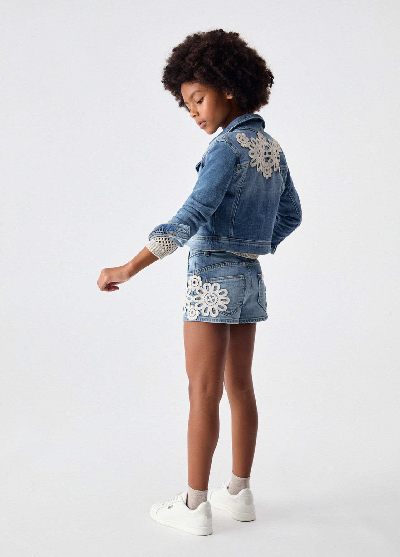 Giacca in denim con ricamo macramè - BLUE DENIM