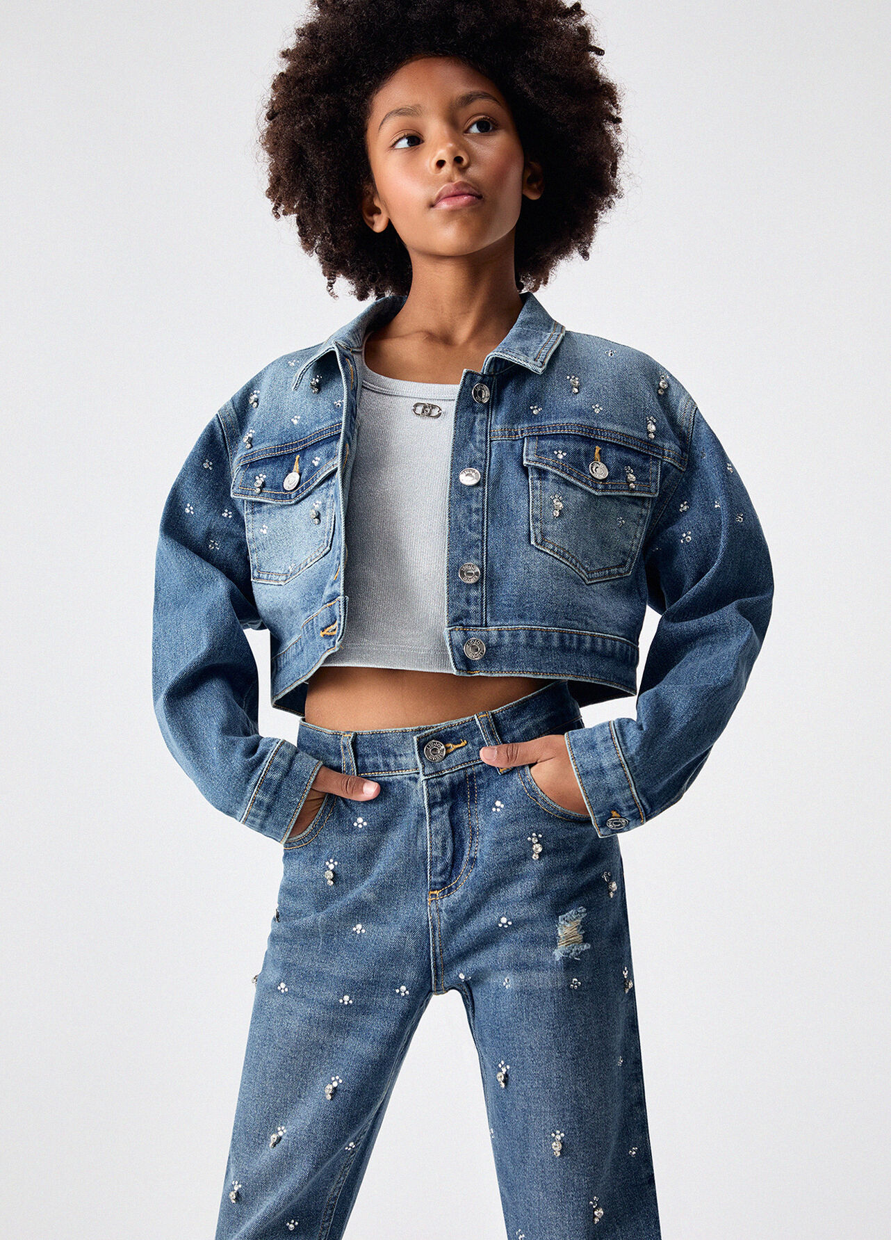 Jeans straight con ricami gioiello - BLUE DENIM