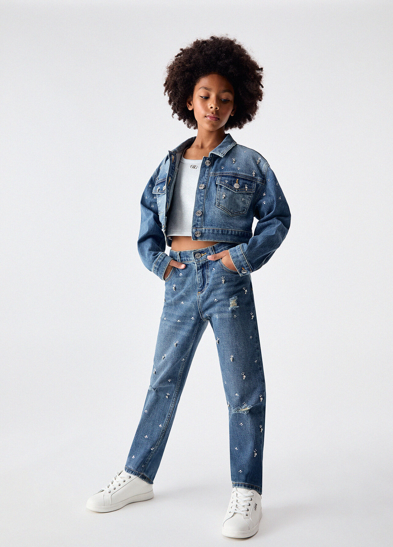 Jeans straight con ricami gioiello - BLUE DENIM