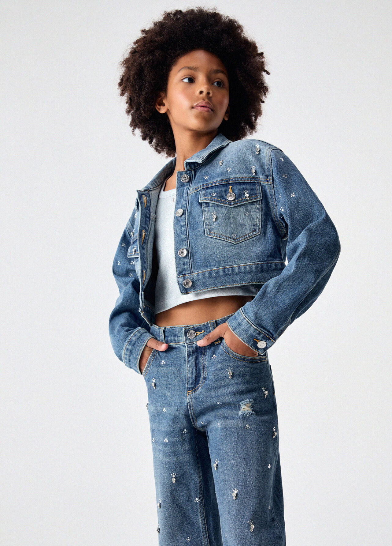 Giacca di jeans con ricami gioiello - BLUE DENIM