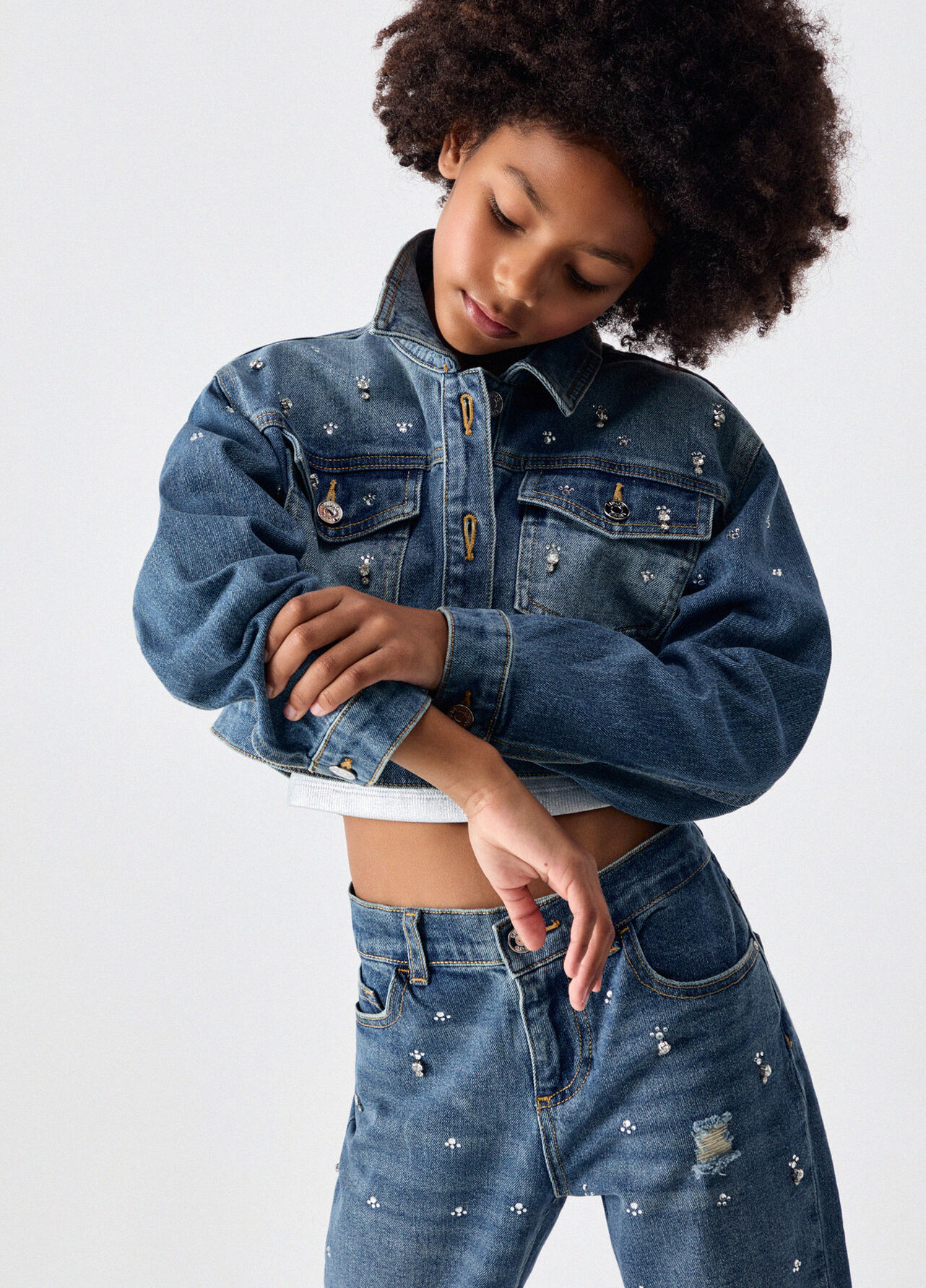 Giacca di jeans con ricami gioiello - BLUE DENIM