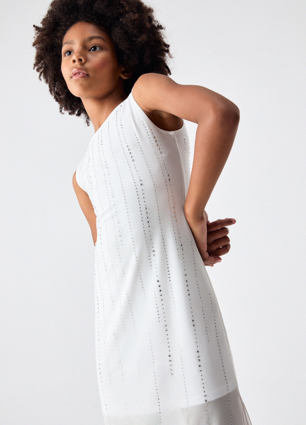 Abito midi in tulle con strass - WHITE