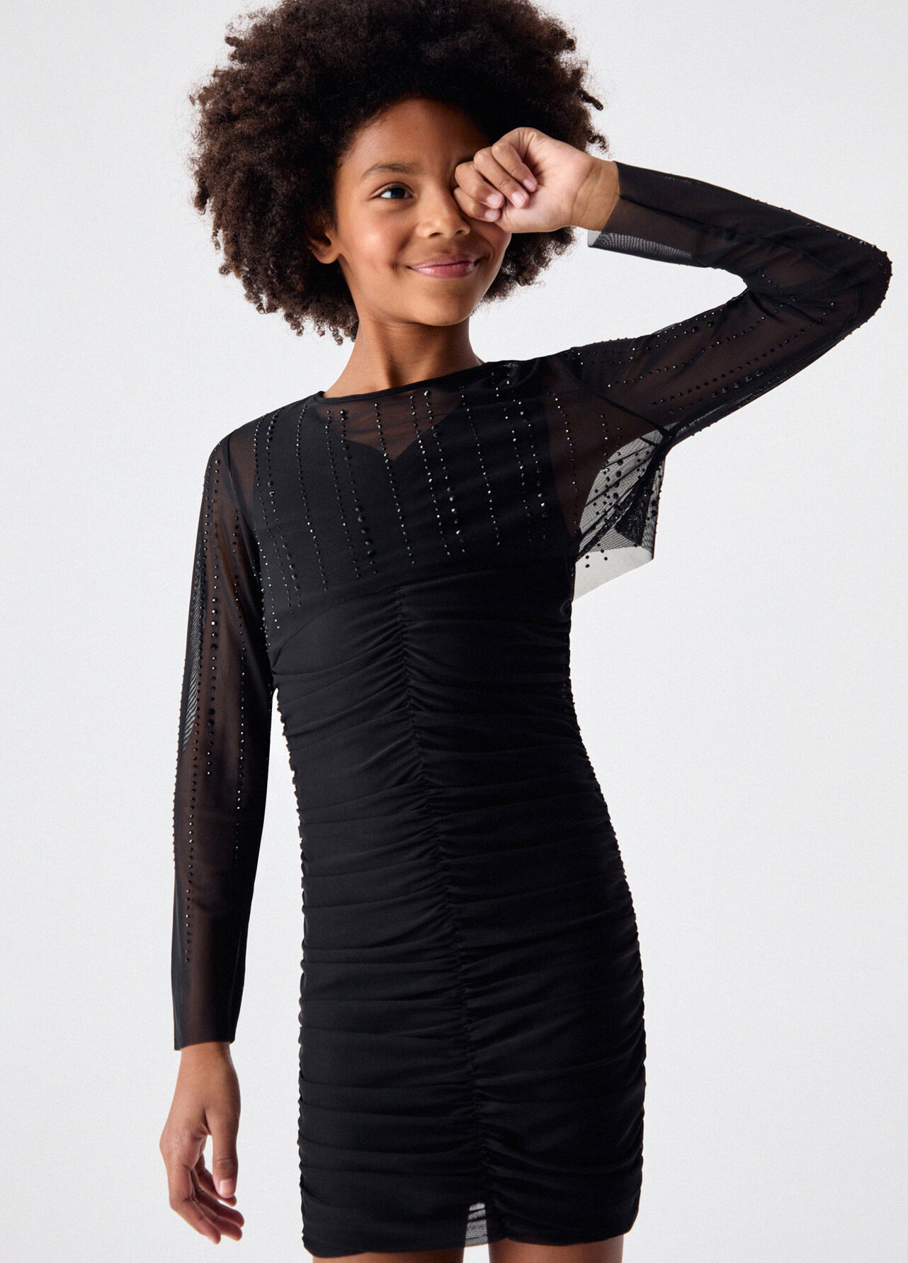 Abito corto in tulle con strass - BLACK