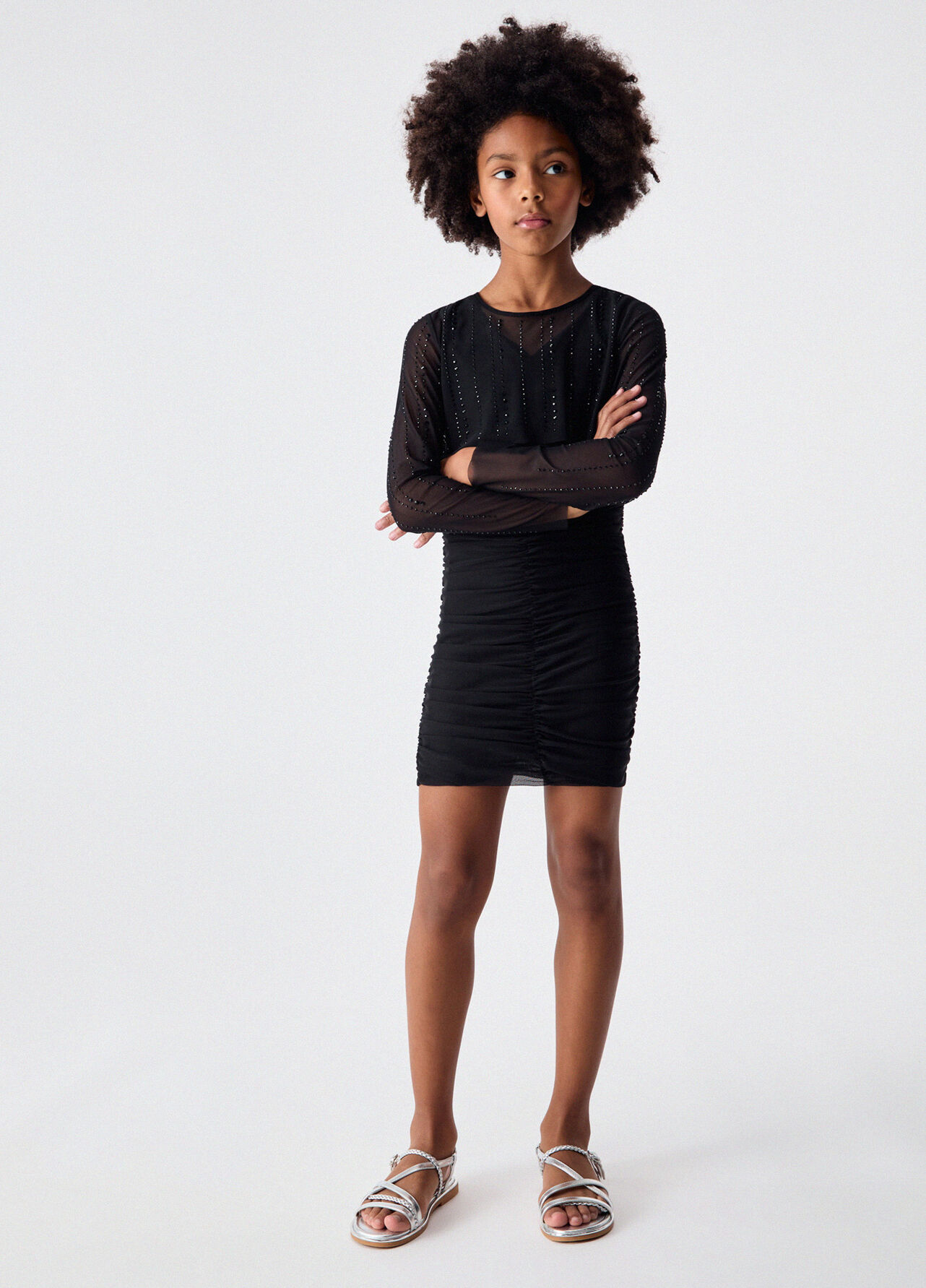 Abito corto in tulle con strass - BLACK