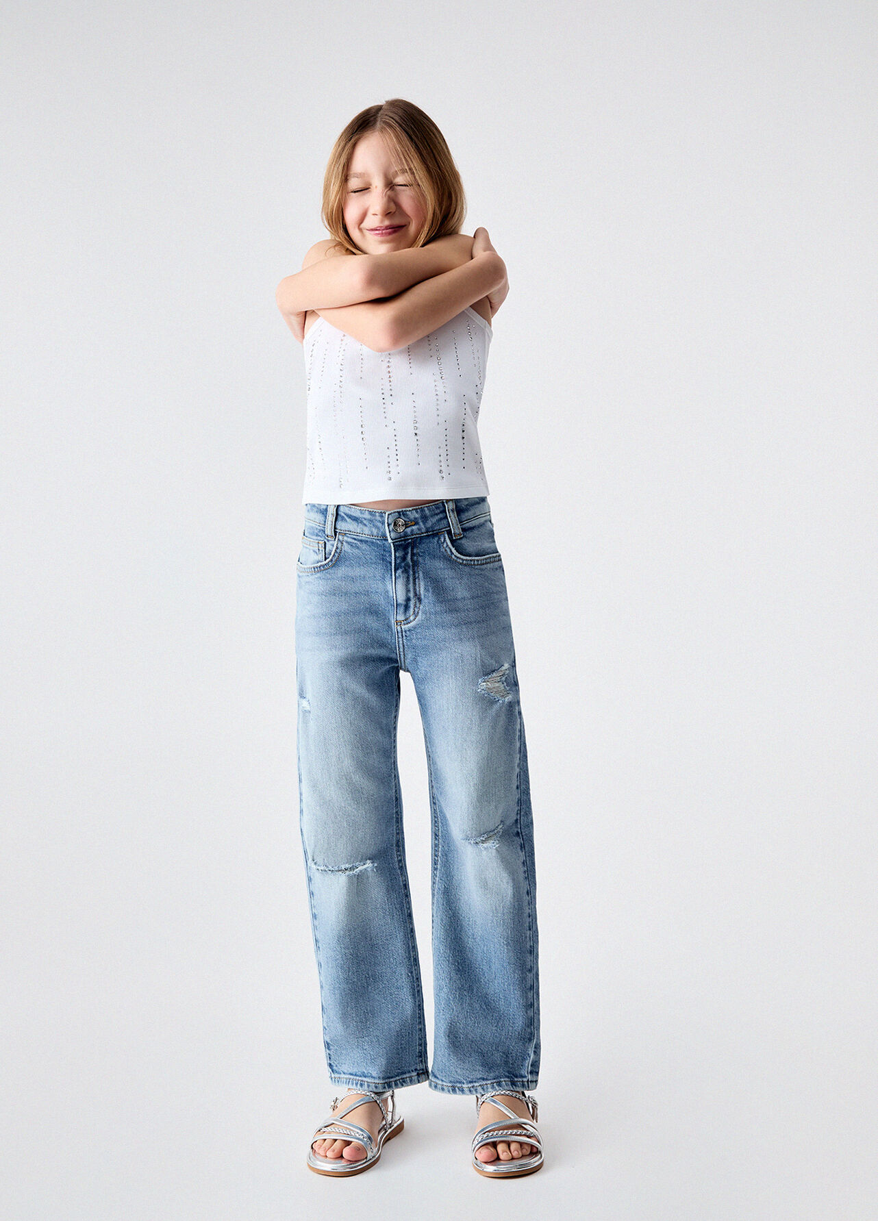 Jeans straight con strappi - LIGHT BLUE DENIM