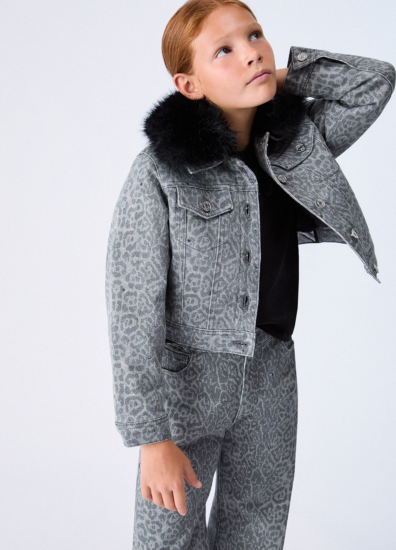 Giacca animalier con colletto teddy - GREY ANIMAL PRINT