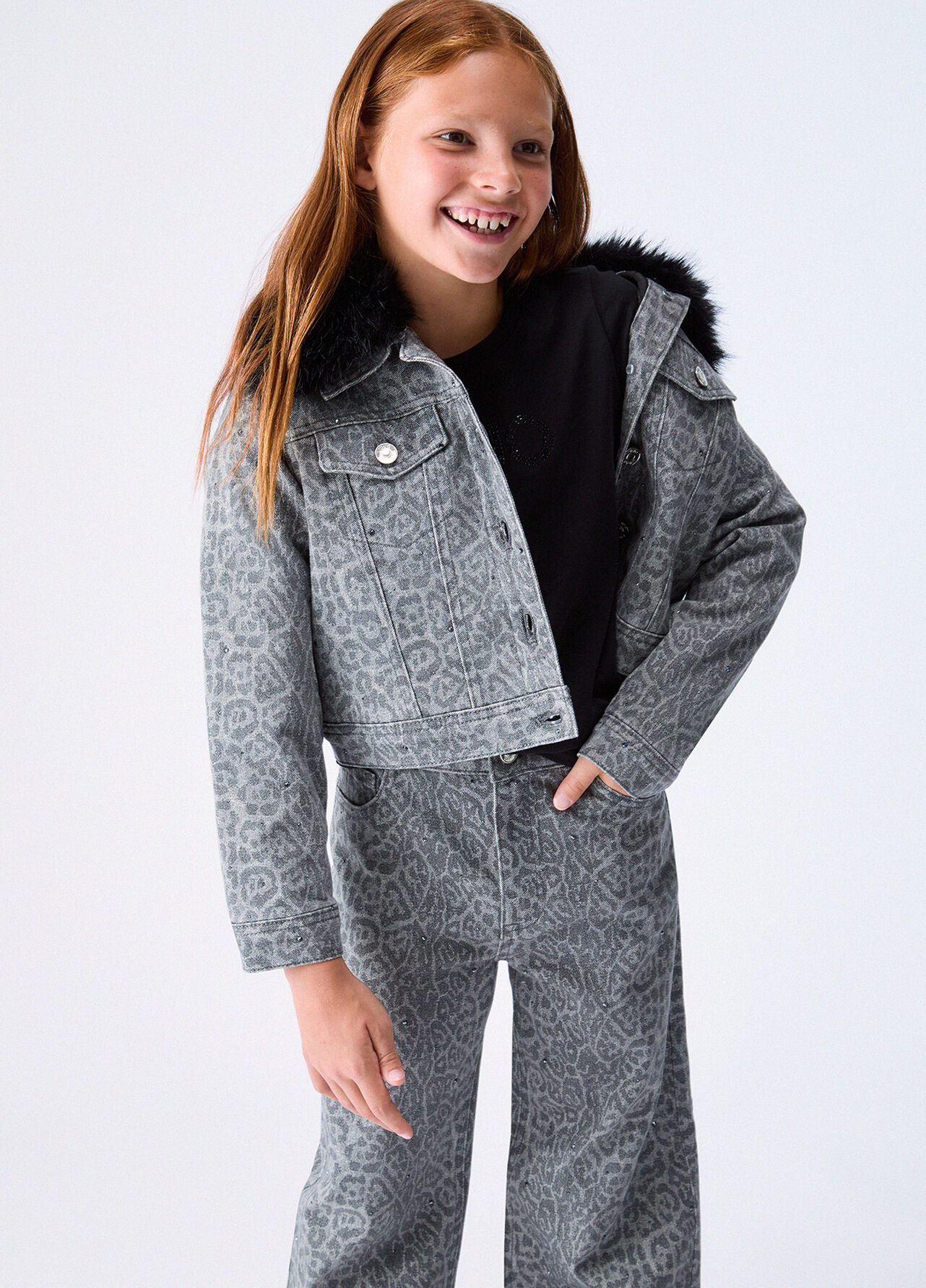 Giacca animalier con colletto teddy - GREY ANIMAL PRINT