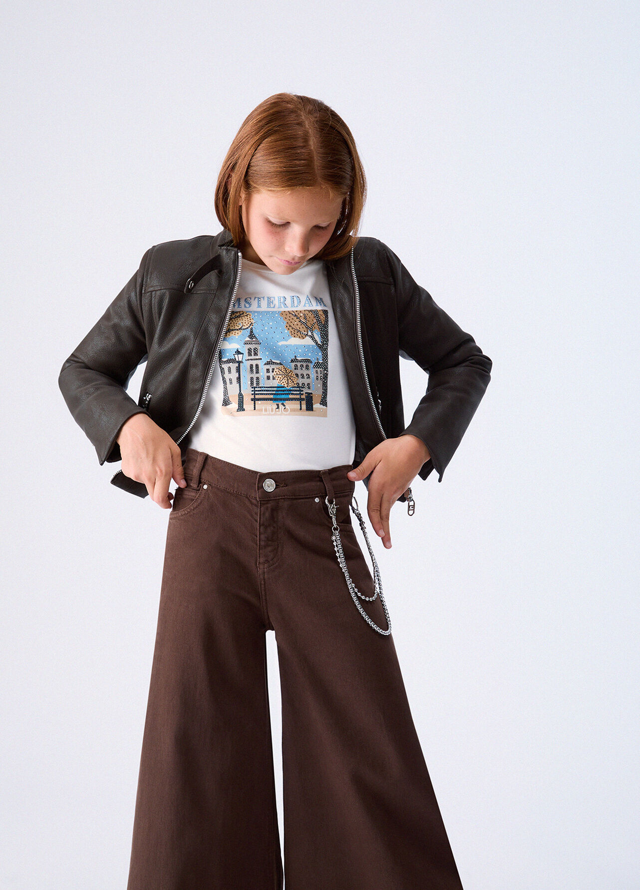 Pantaloni wide leg con catena - CHOCOLATE BROWN