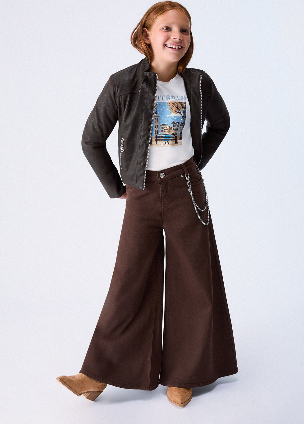 Pantaloni wide leg con catena - CHOCOLATE BROWN