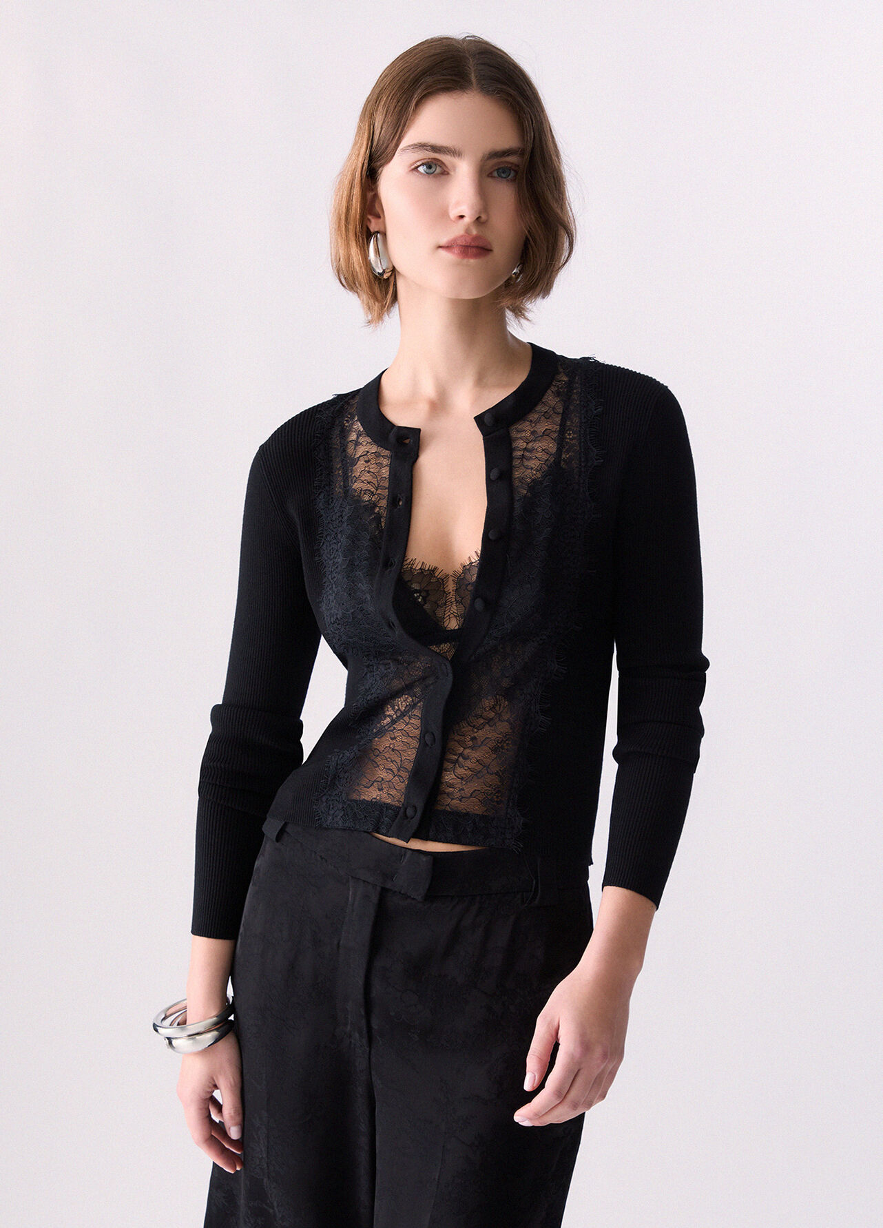 Cardigan con inserto in pizzo - BLACK