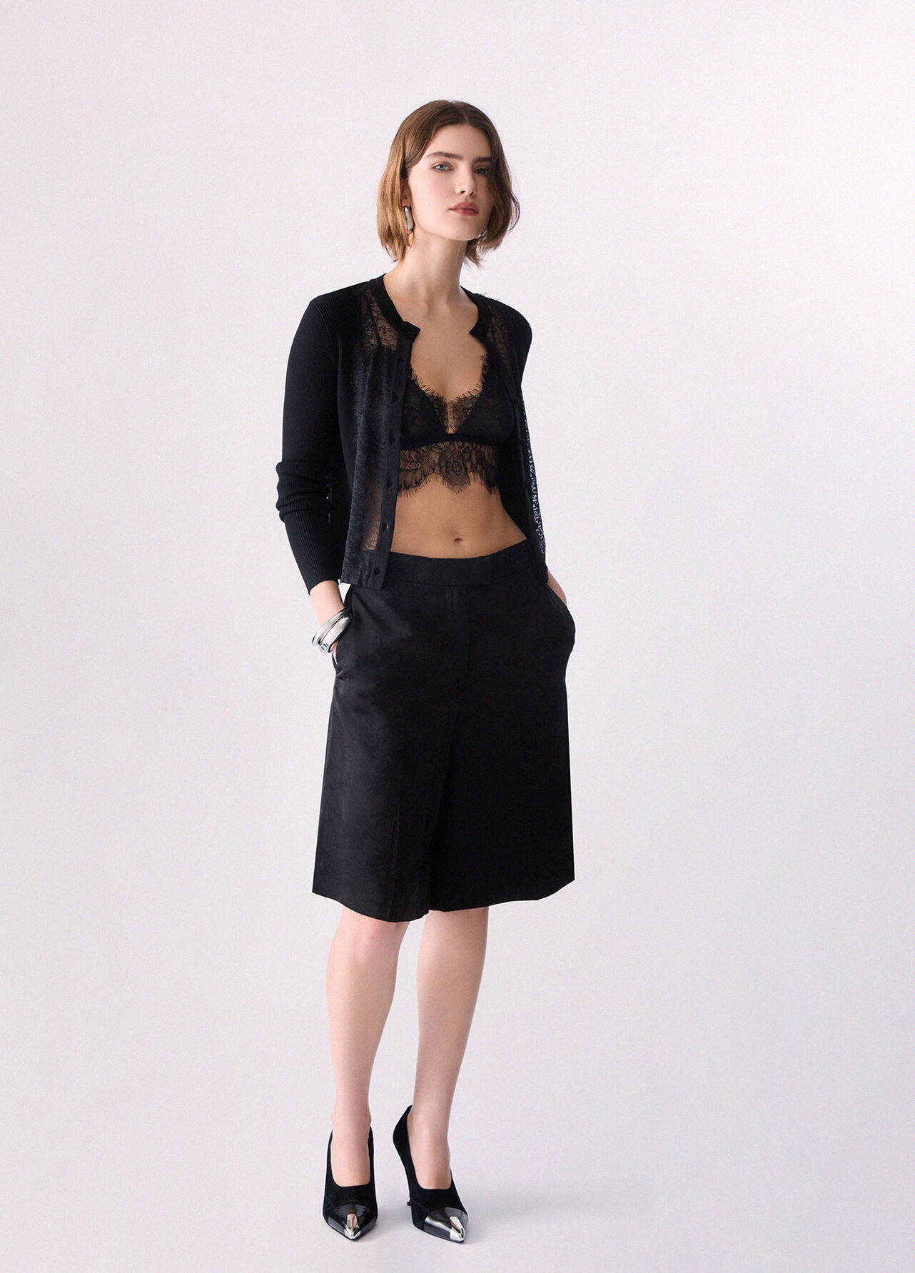 Cardigan con inserto in pizzo - BLACK