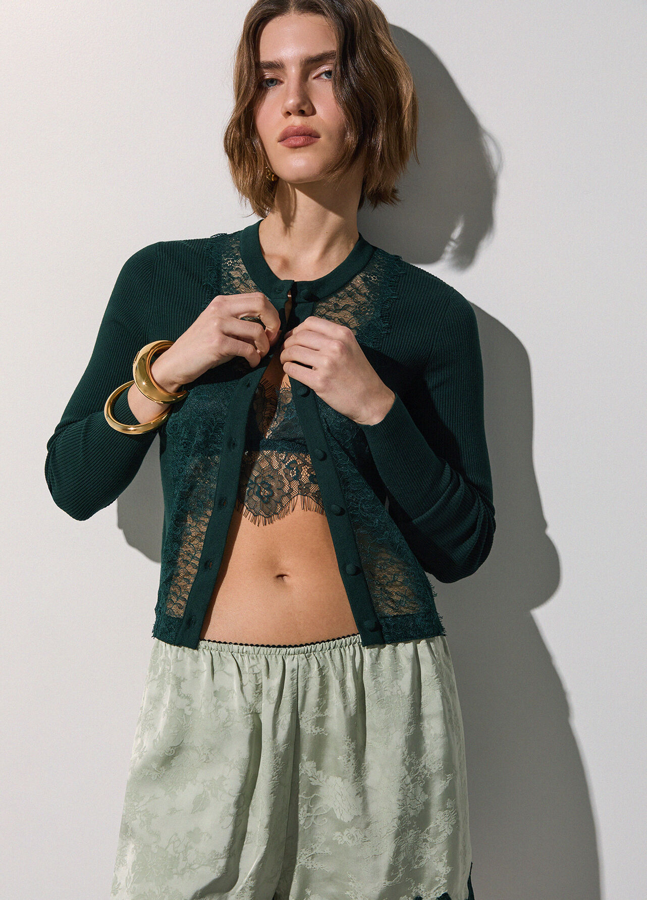 Cardigan con inserto in pizzo - DARK GREEN