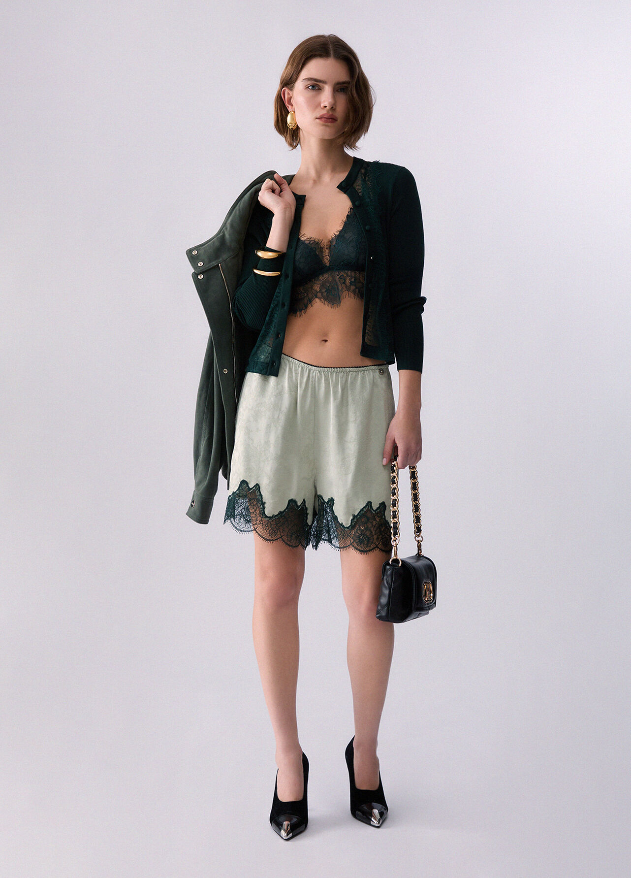 Cardigan con inserto in pizzo - DARK GREEN