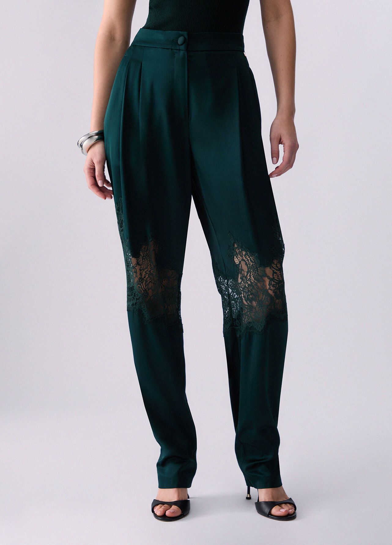 Pantaloni in raso con dettagli in pizzo - DARK GREEN