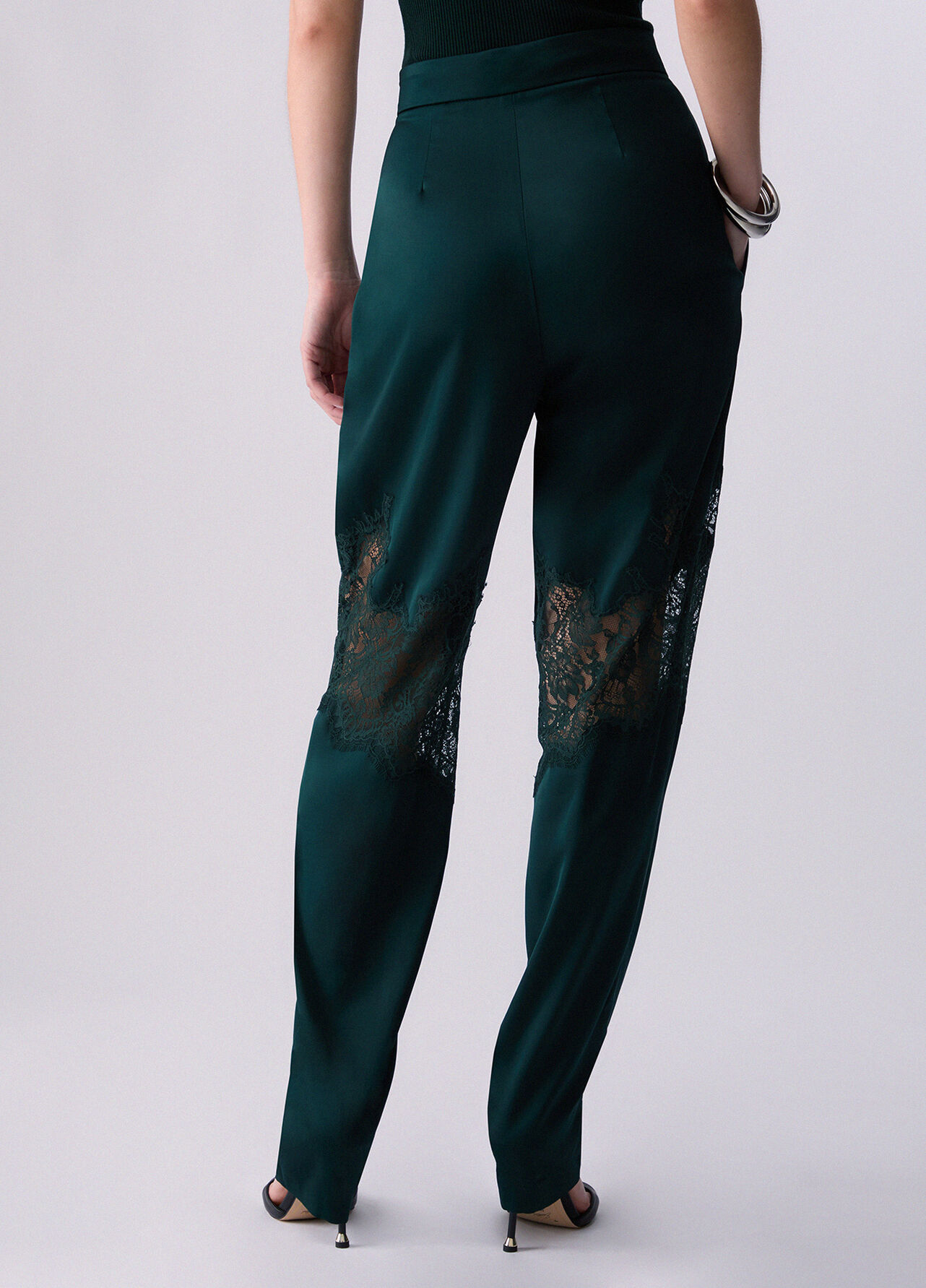 Pantaloni in raso con dettagli in pizzo - DARK GREEN