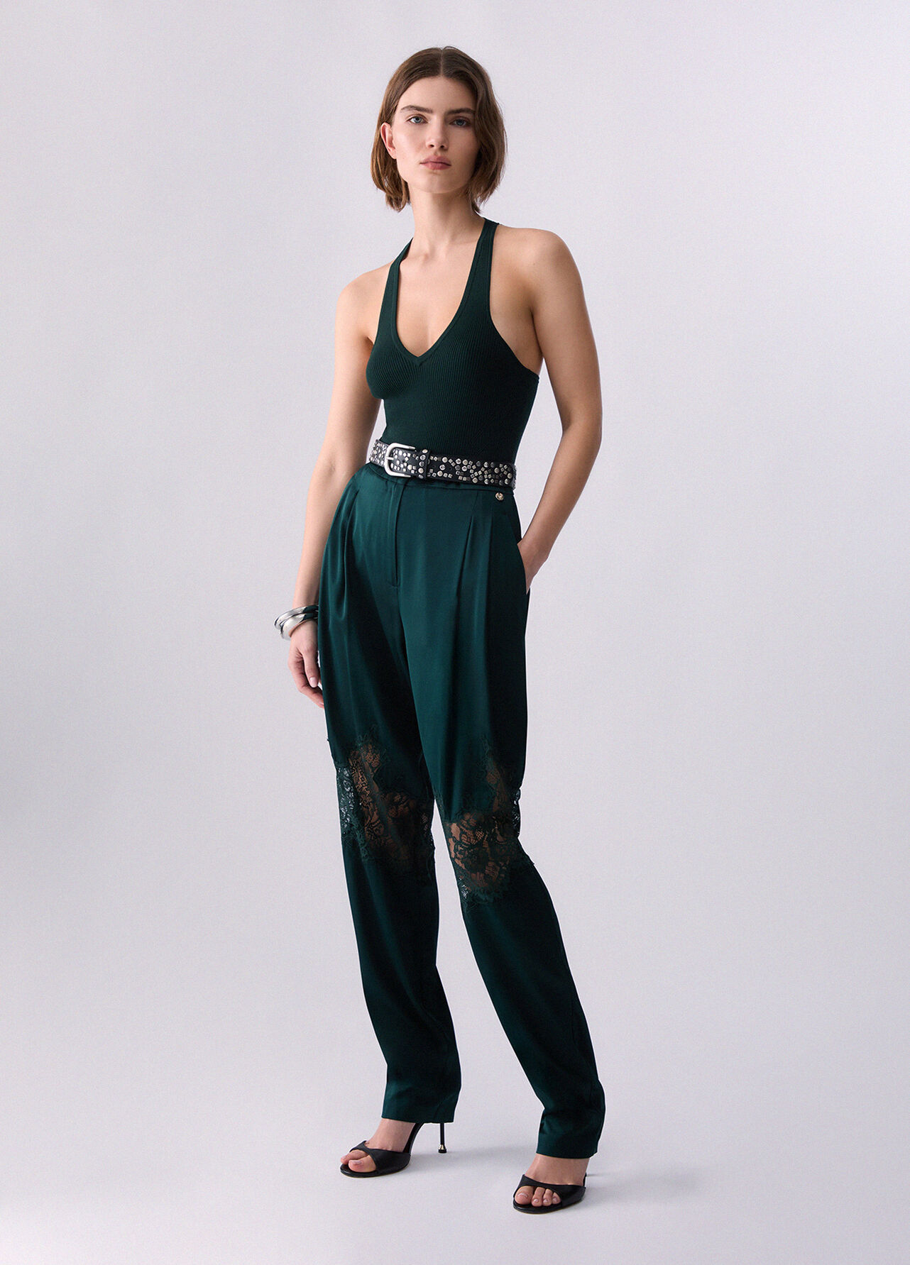 Pantaloni in raso con dettagli in pizzo - DARK GREEN