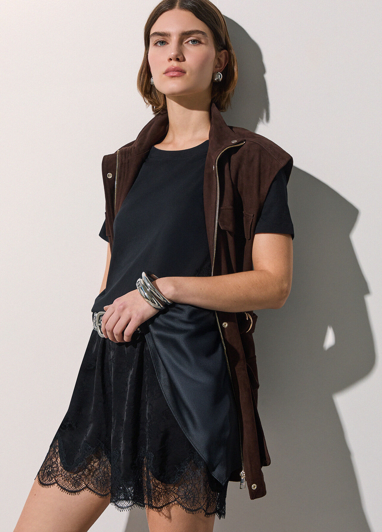 Short jacquard con dettagli in pizzo - BLACK