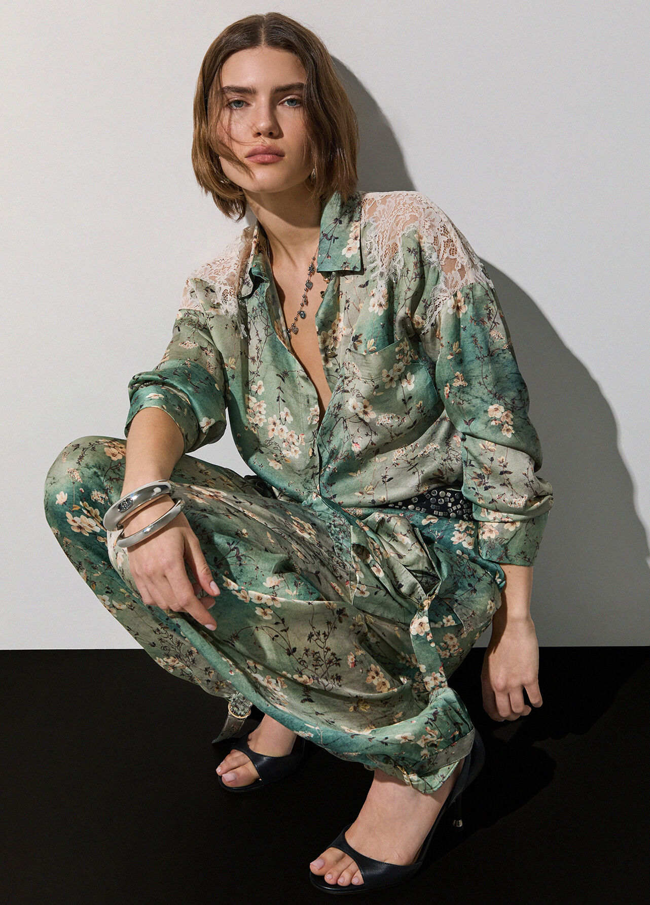 Pantaloni in raso stampato - LIGHT BLUE FLORAL