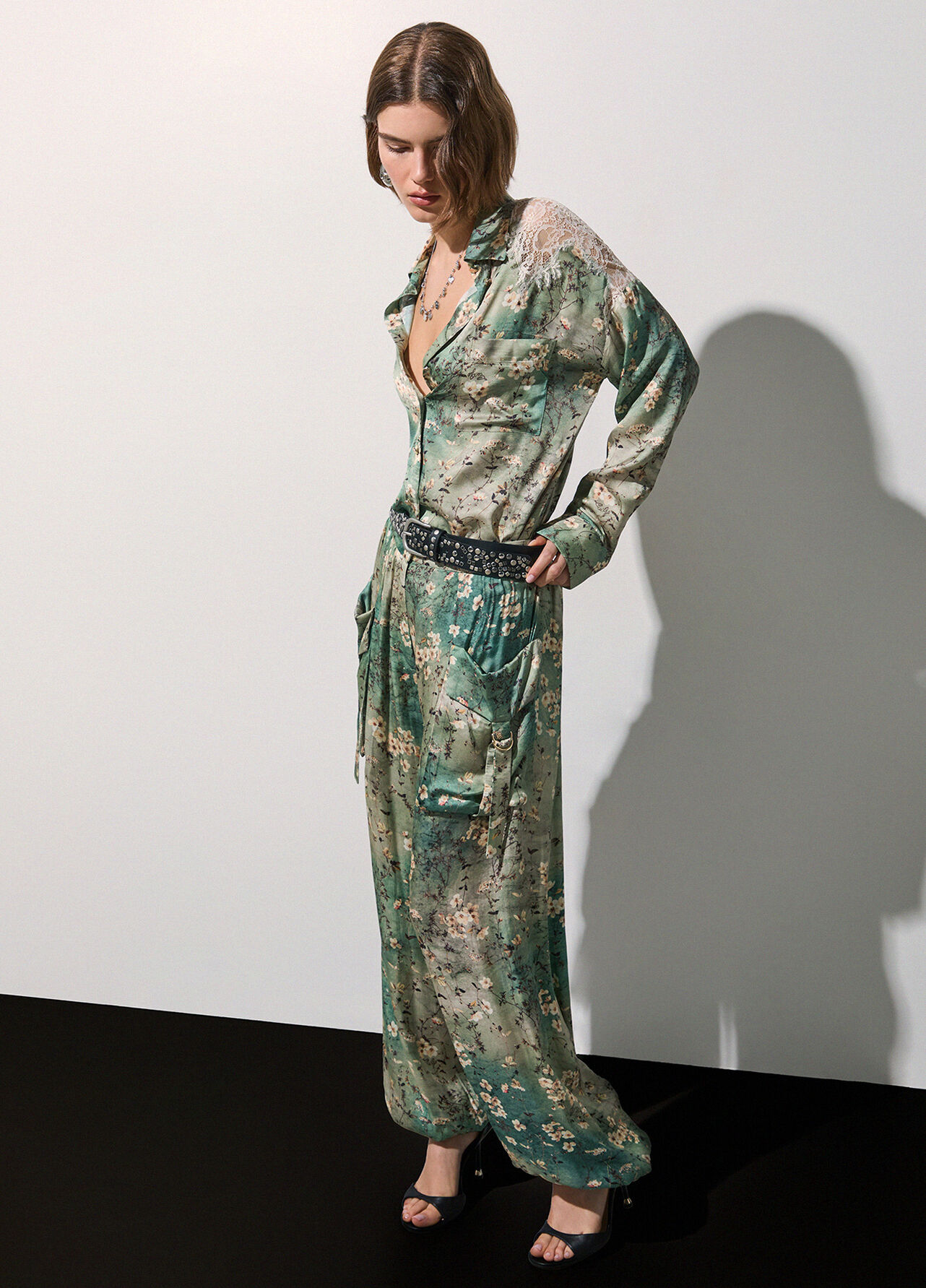 Pantaloni in raso stampato - LIGHT BLUE FLORAL