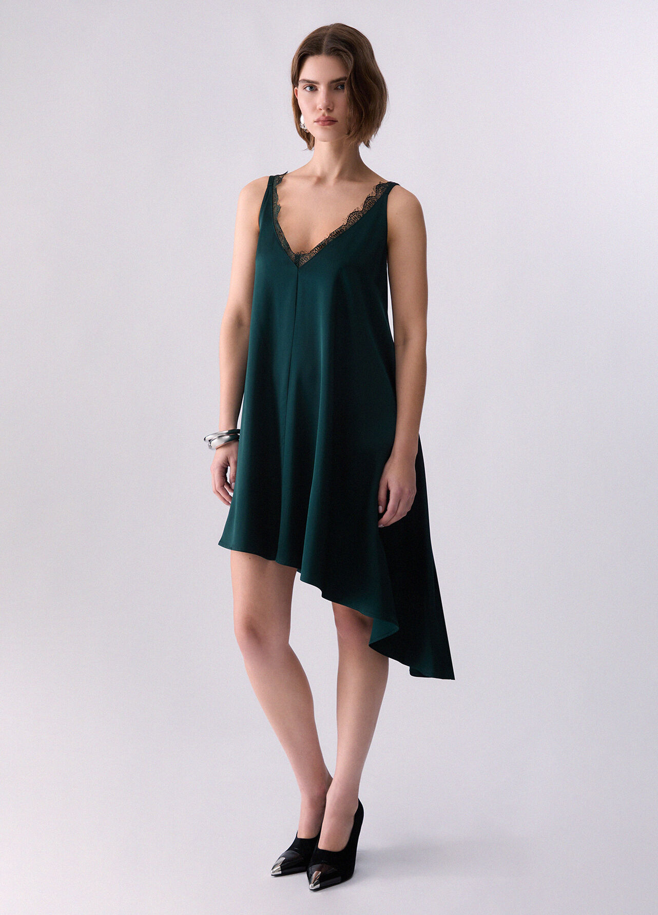 Abito asimmetrico in raso - DARK GREEN