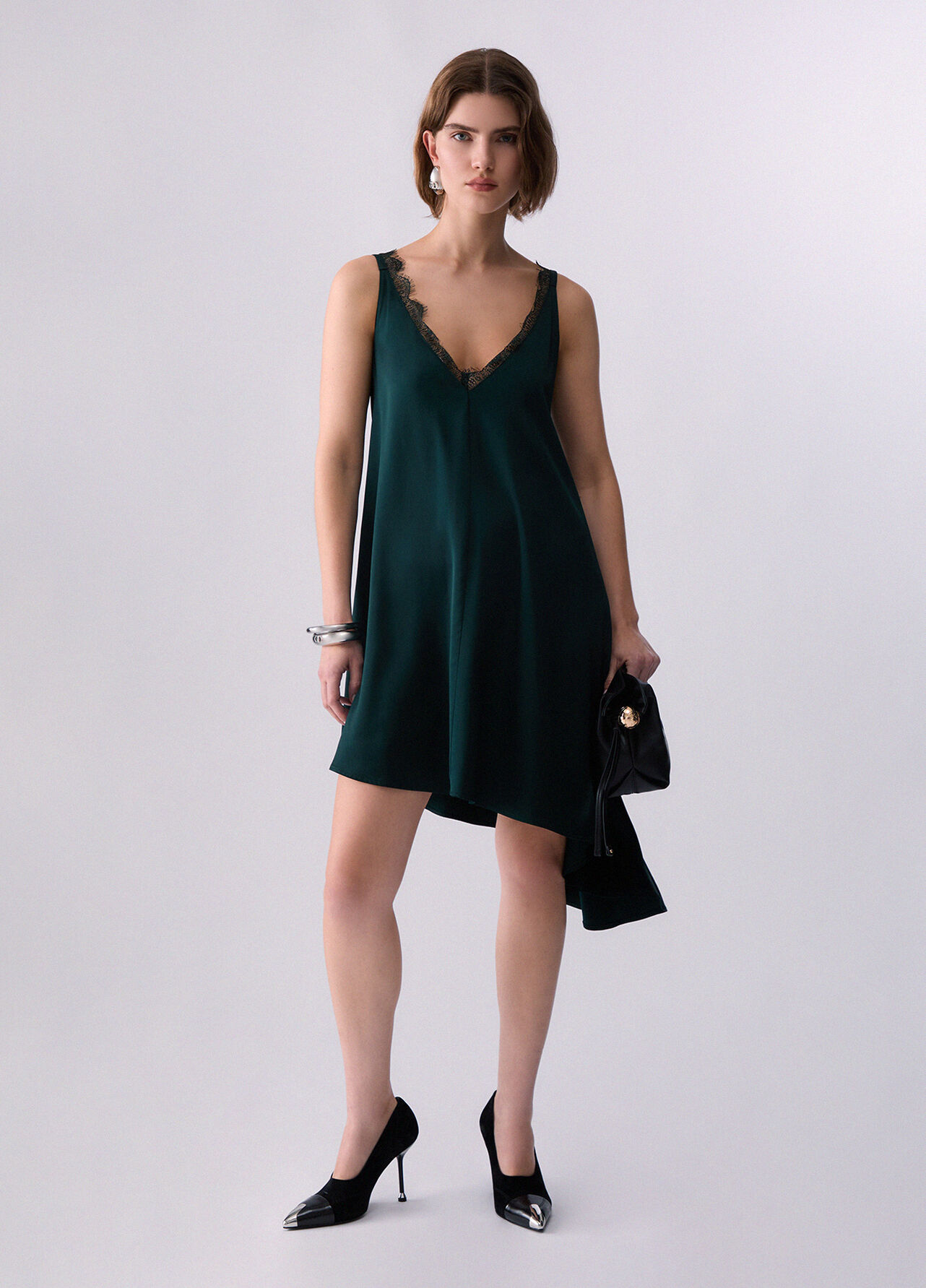 Abito asimmetrico in raso - DARK GREEN