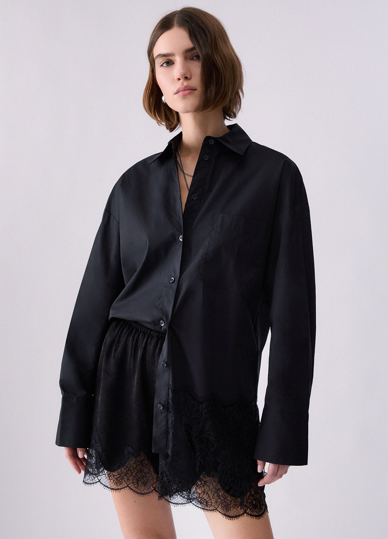 Camicia in popeline con pizzo - BLACK