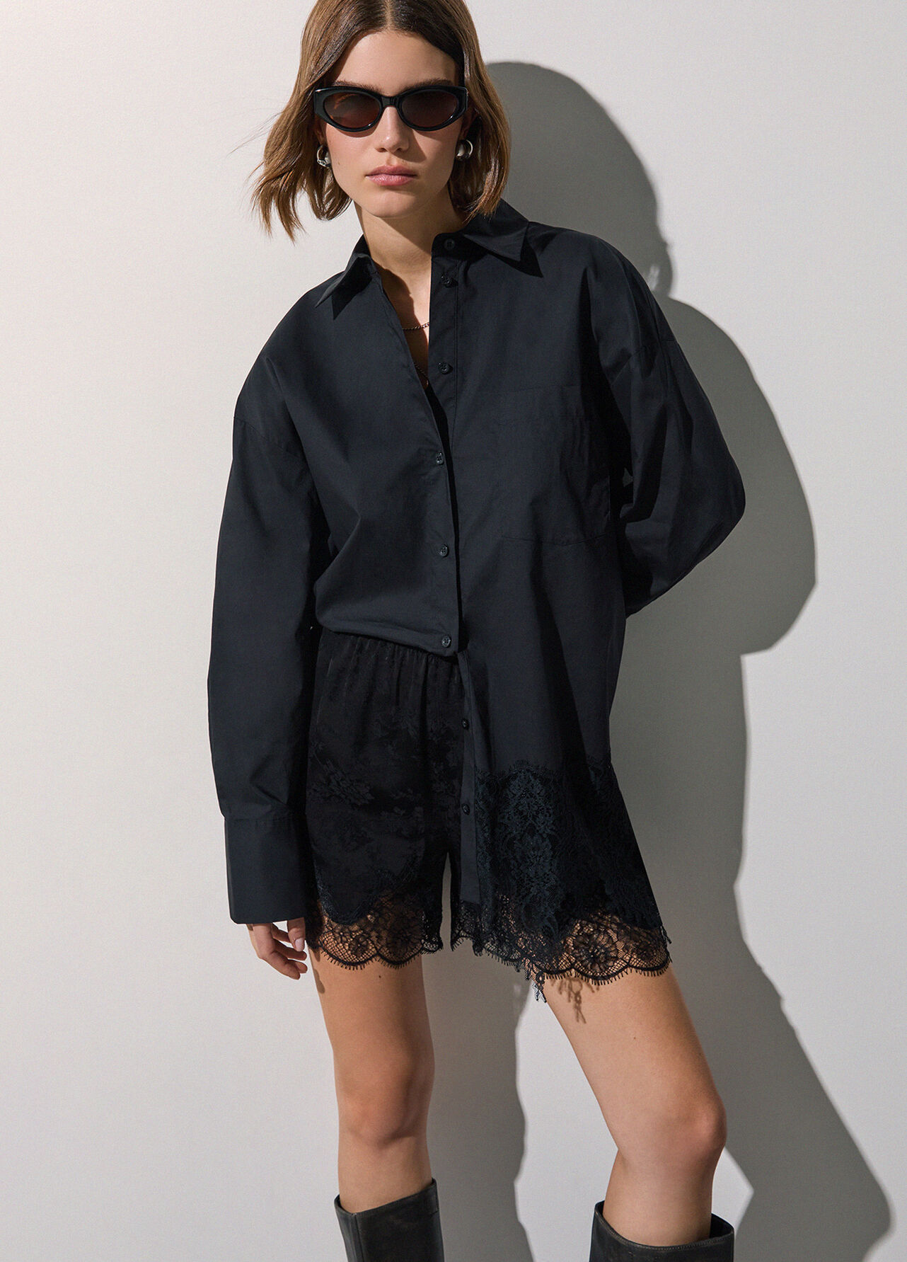 Camicia in popeline con pizzo - BLACK