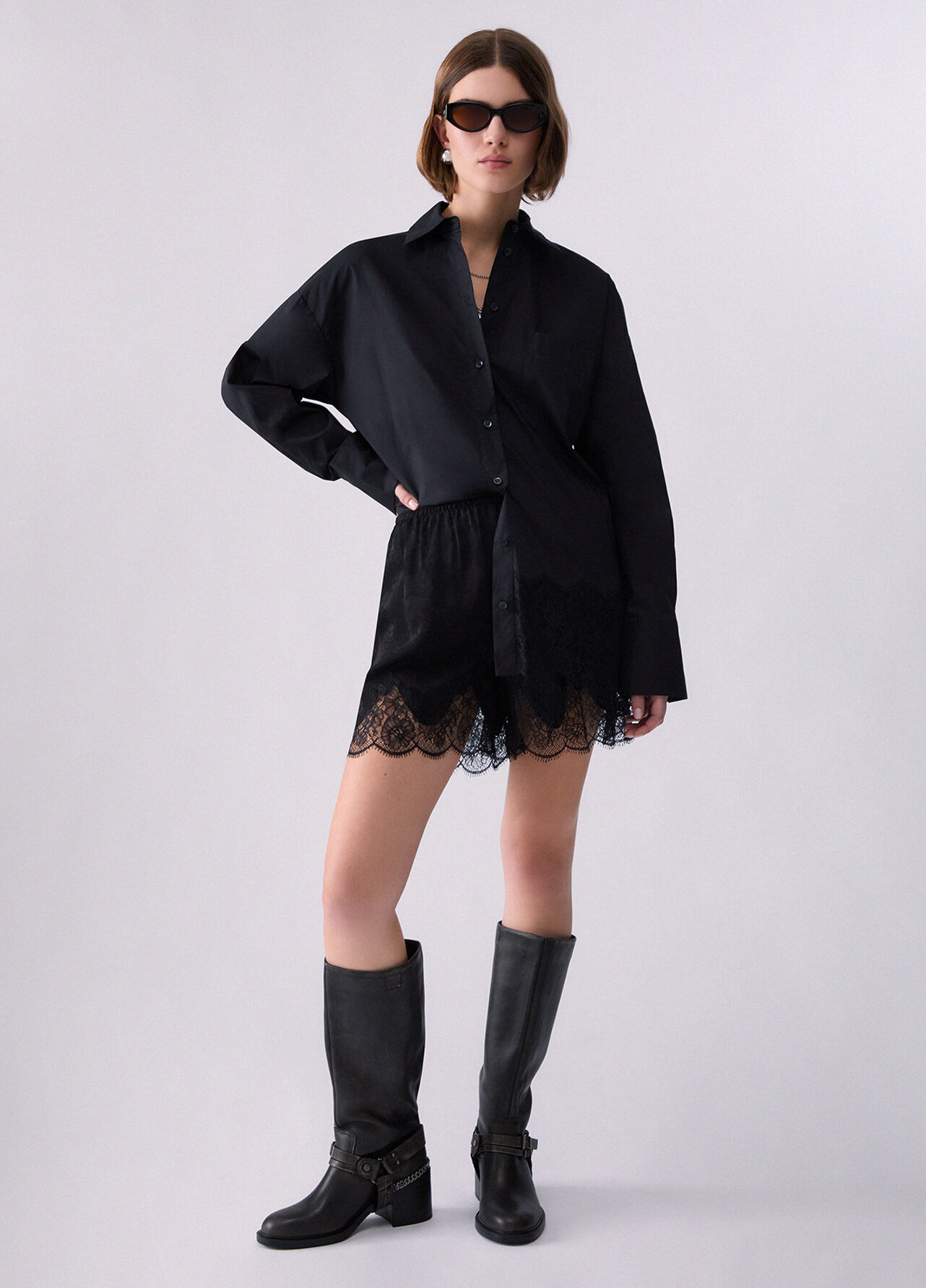 Camicia in popeline con pizzo - BLACK