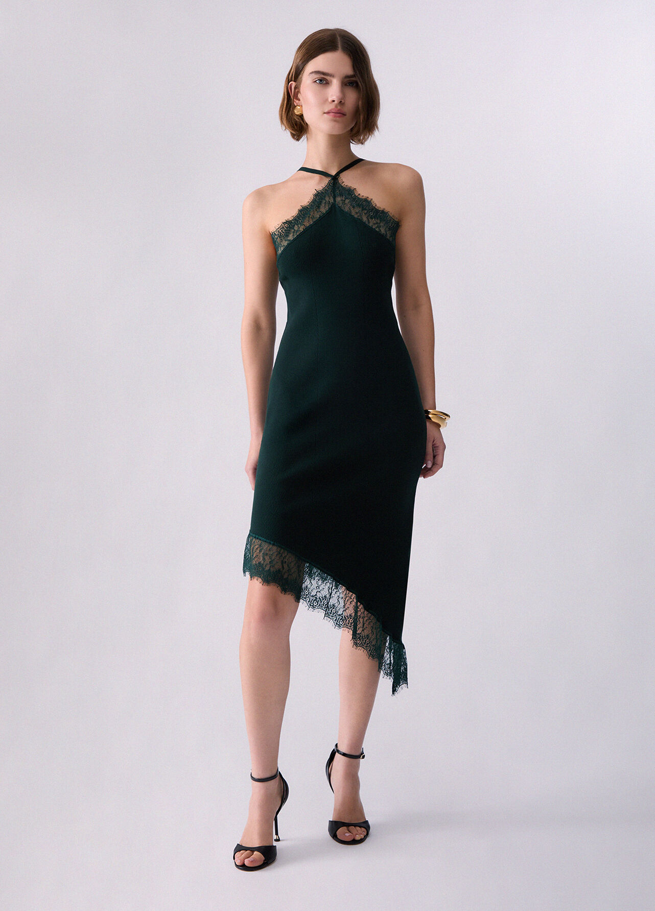 Abito midi in maglia con pizzo - DARK GREEN