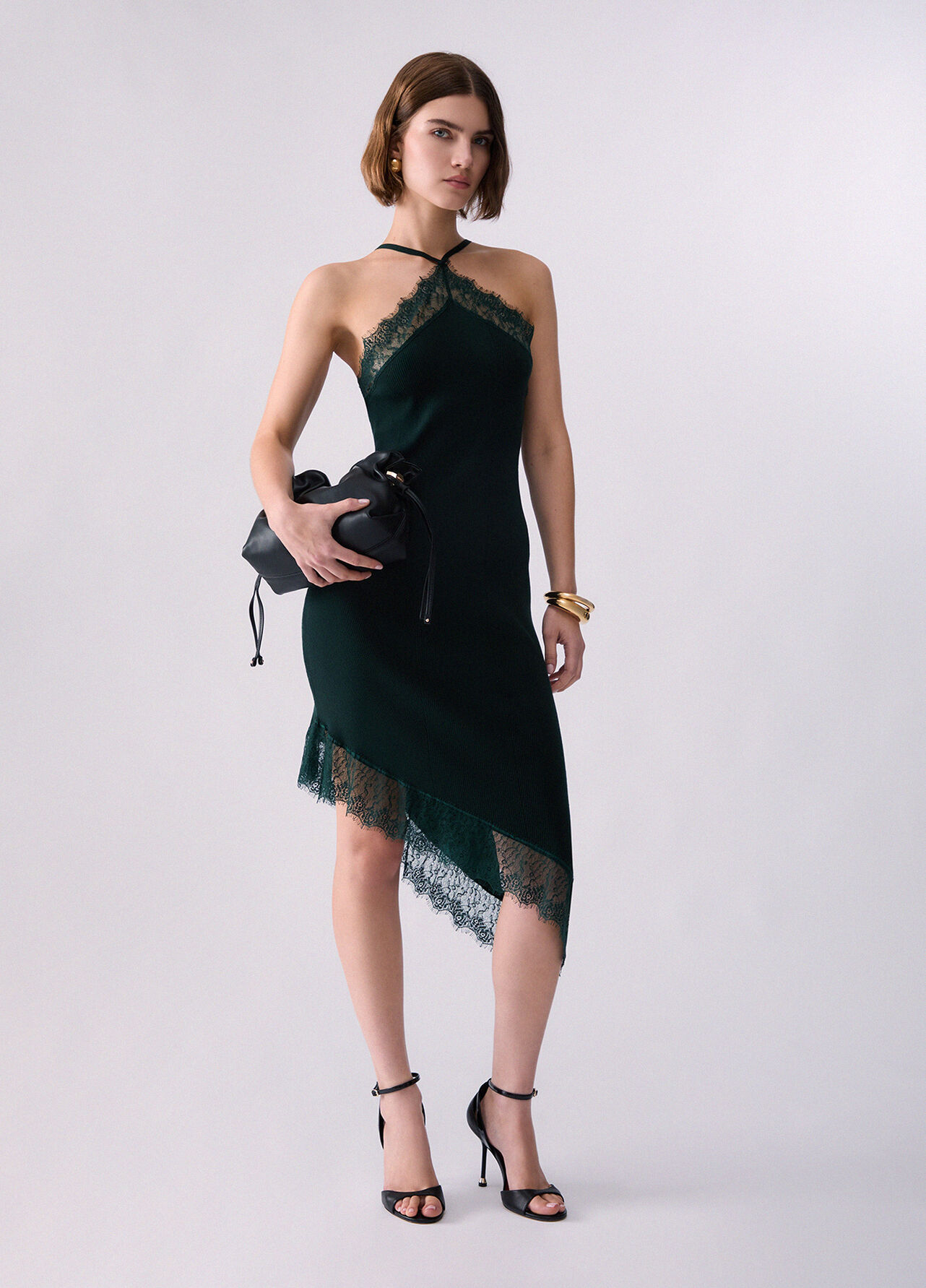 Abito midi in maglia con pizzo - DARK GREEN