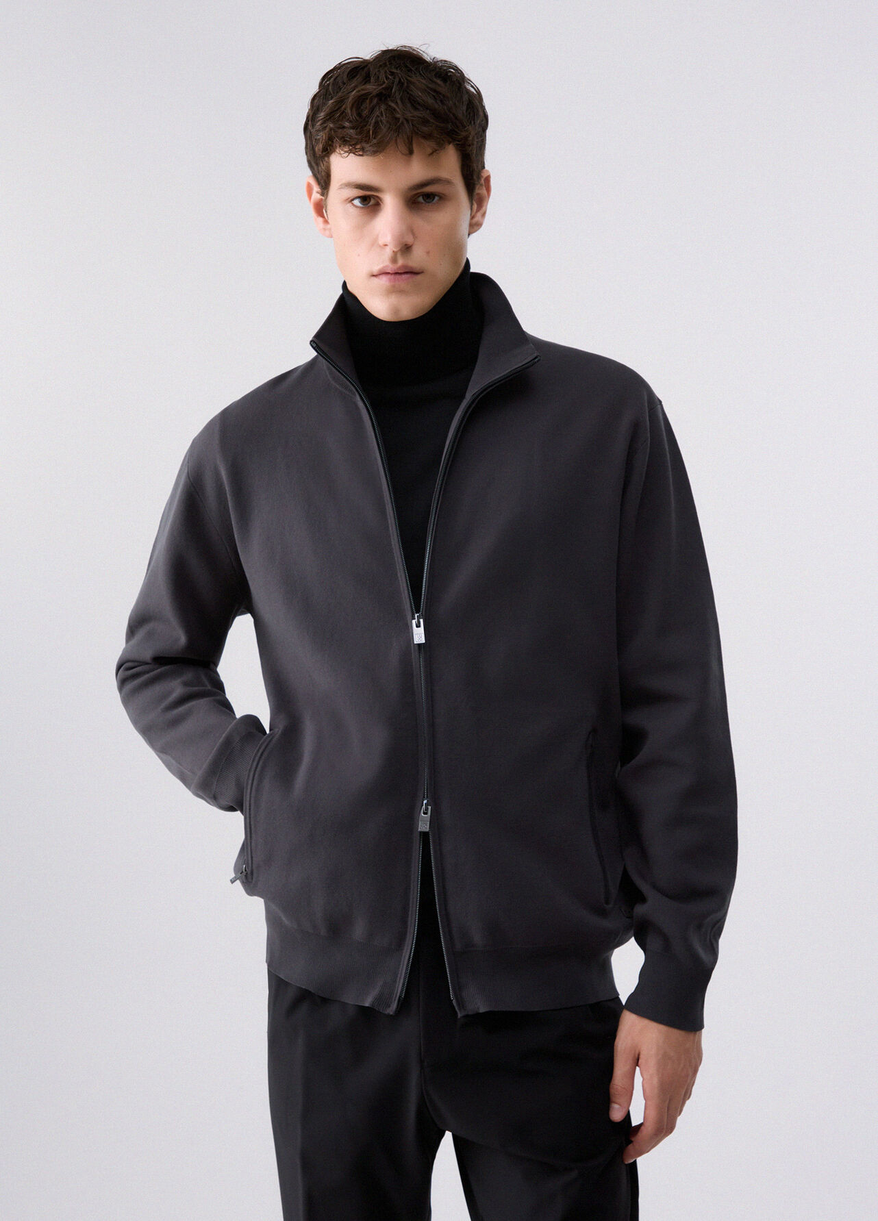 Maglia in cotone rasato con zip - DARK GREY
