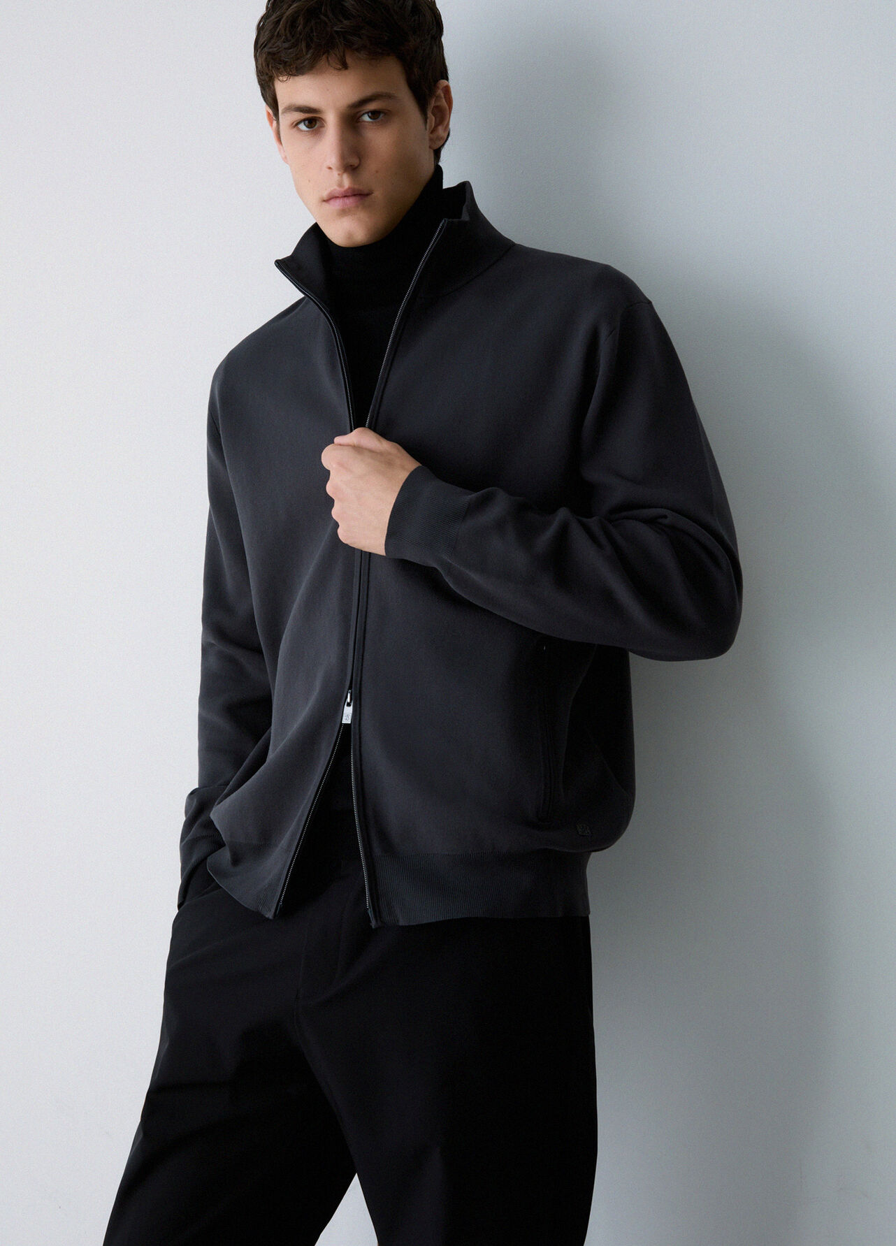 Maglia in cotone rasato con zip - DARK GREY