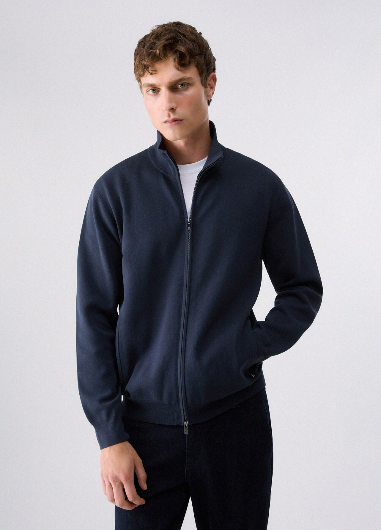 Maglia in cotone rasato con zip - DARK BLUE