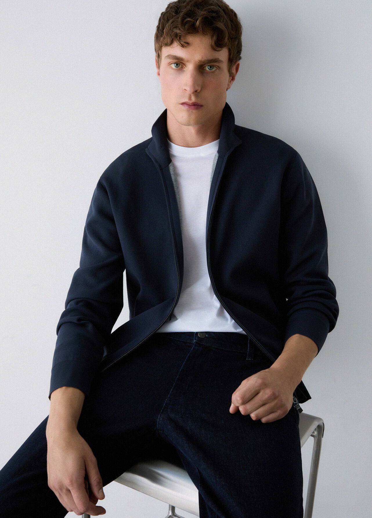 Maglia in cotone rasato con zip - DARK BLUE
