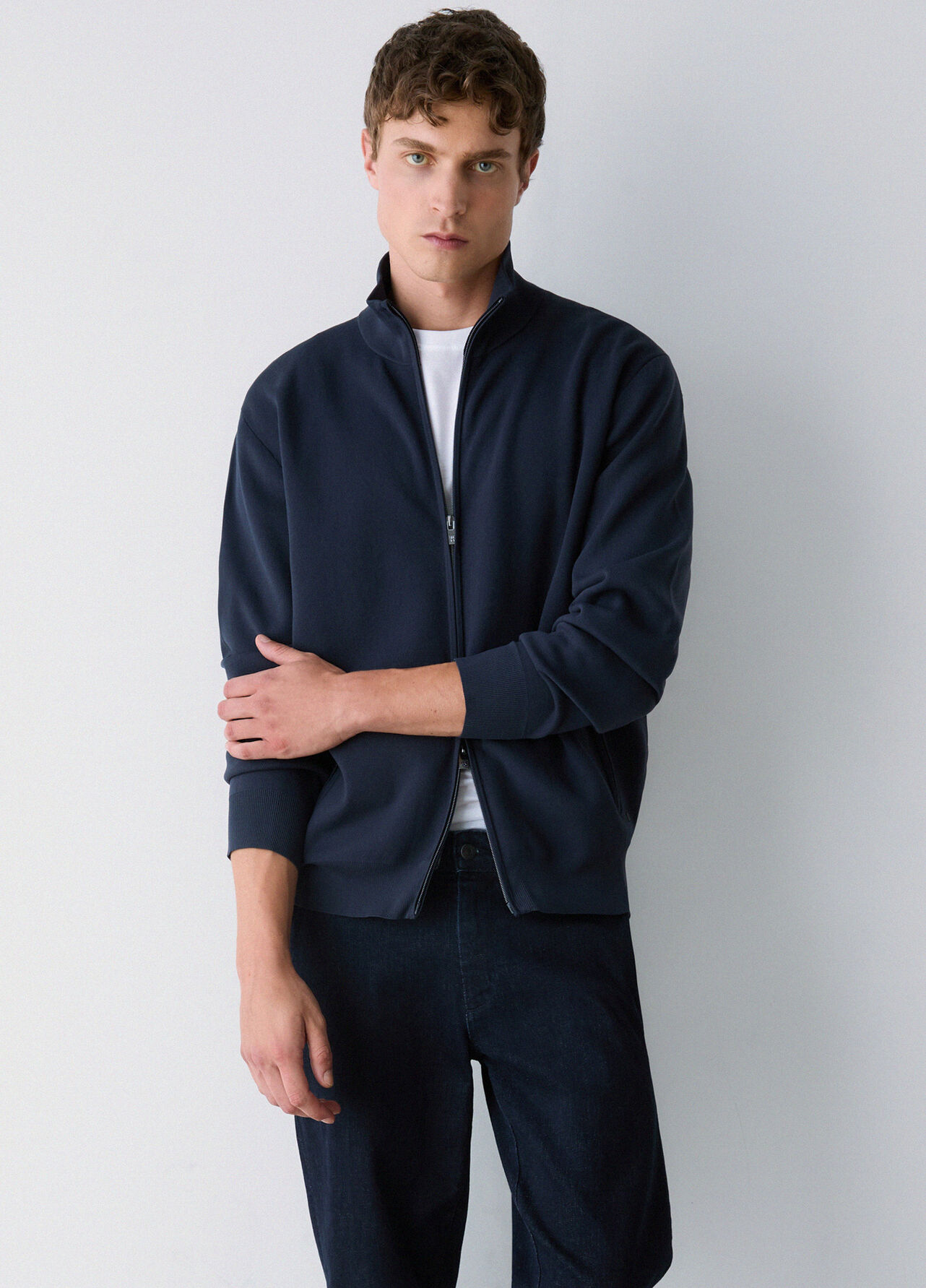 Maglia in cotone rasato con zip - DARK BLUE