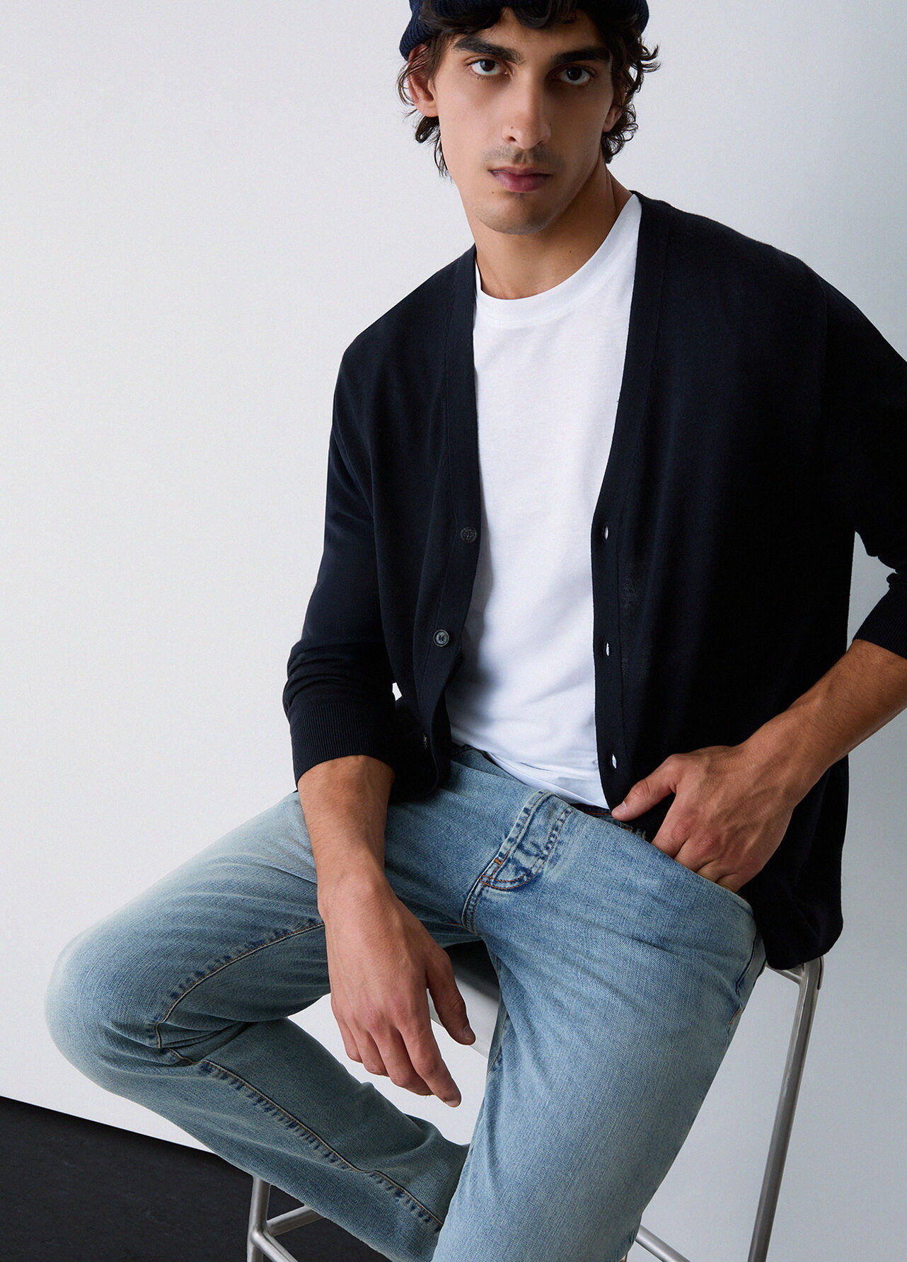 Cardigan in pura lana - DARK BLUE