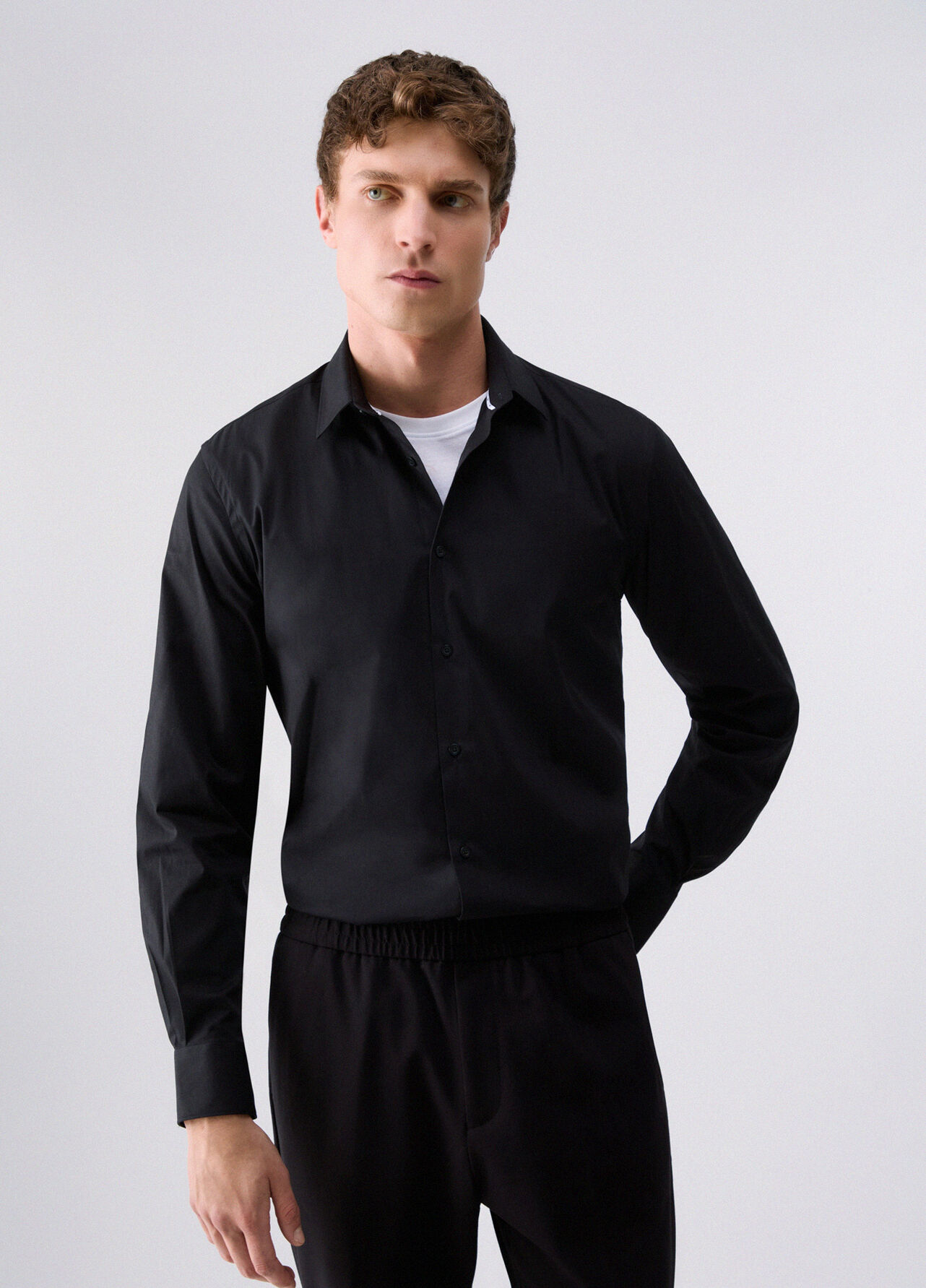 Camicia slim fit in popeline - BLACK