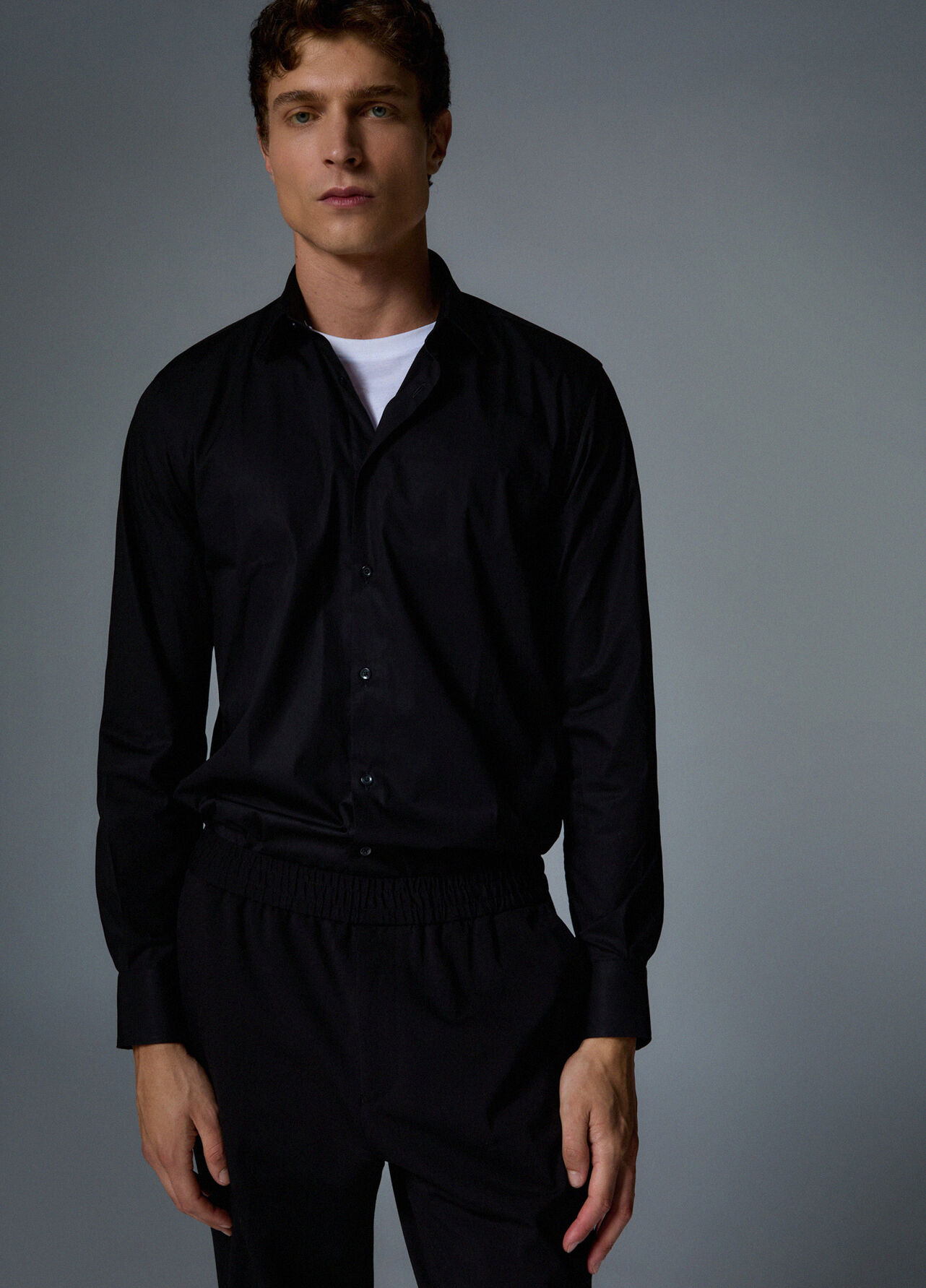 Camicia slim fit in popeline - BLACK