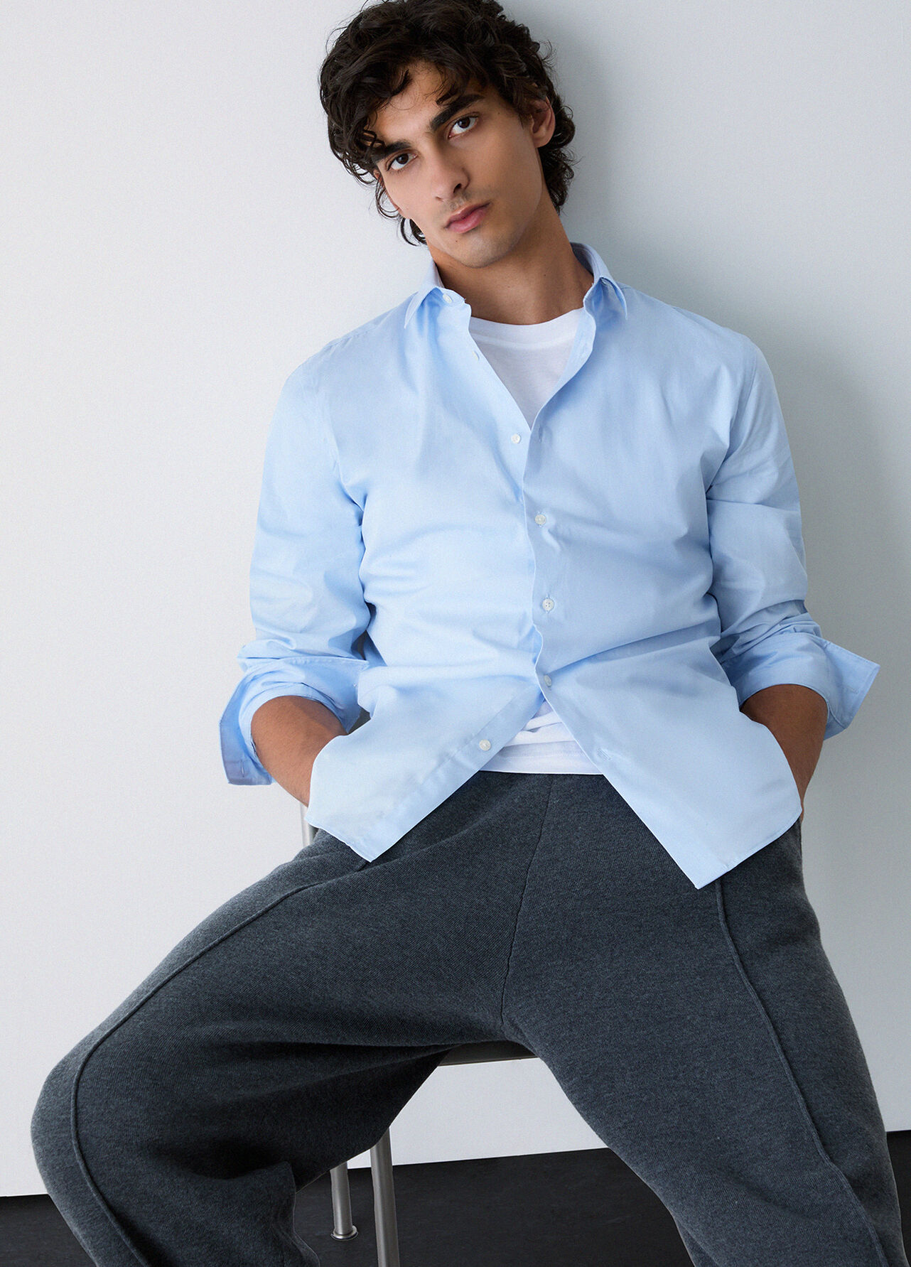 Camicia slim fit in popeline - LIGHT BLUE