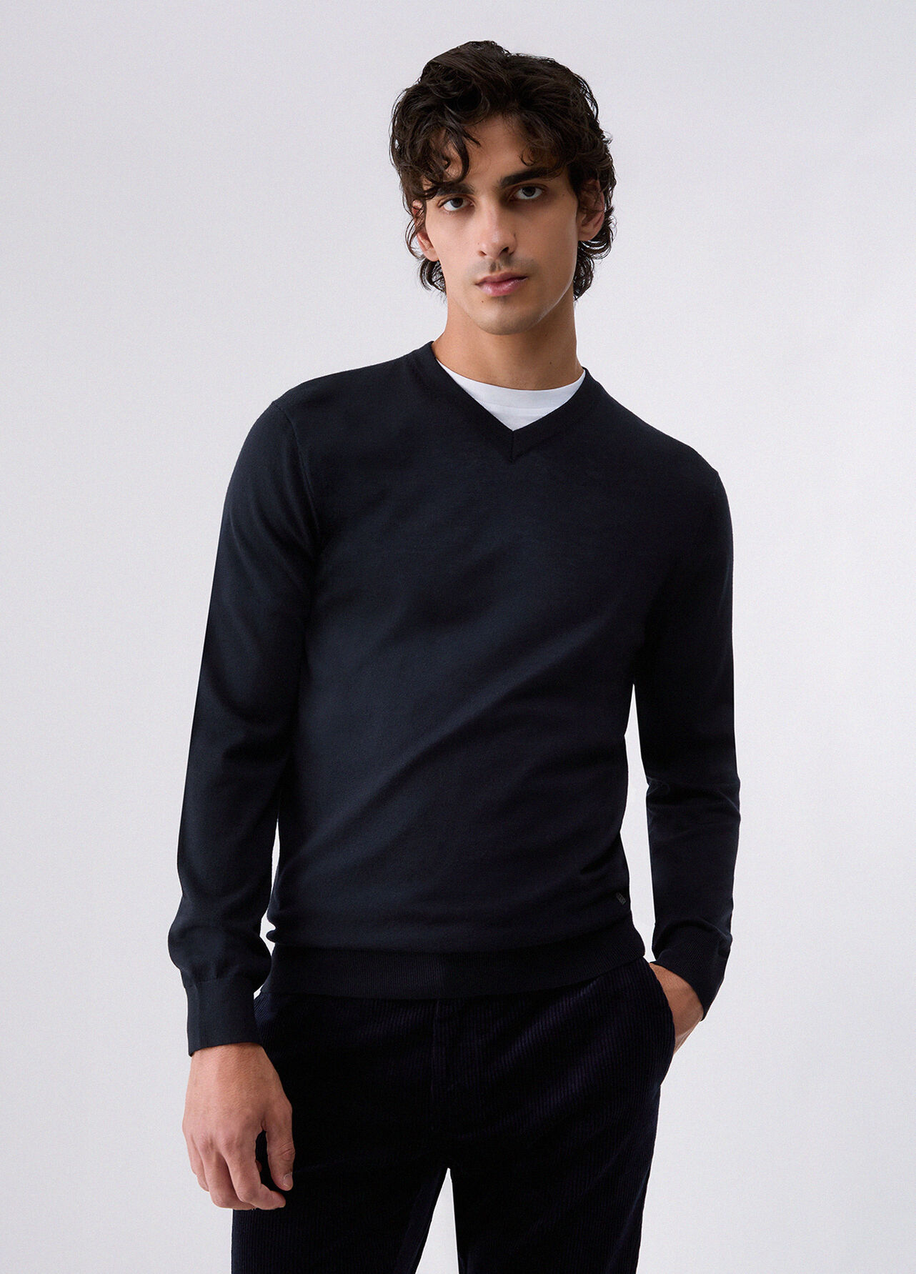 Maglia scollo a V in lana merino - DARK BLUE