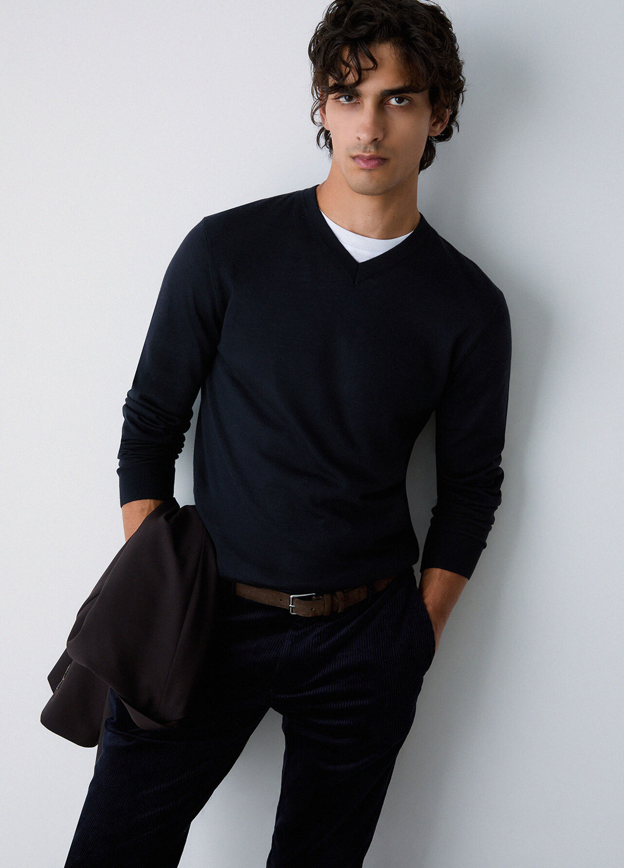 Maglia scollo a V in lana merino - DARK BLUE