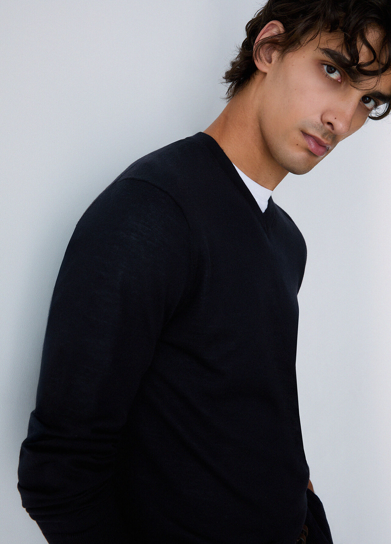 Maglia scollo a V in lana merino - DARK BLUE