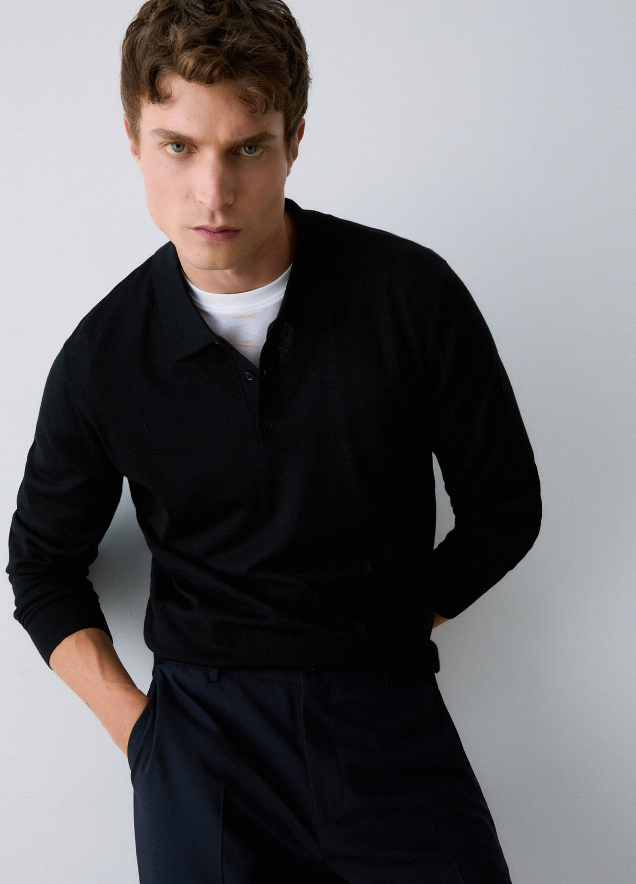 Polo in lana merino - BLACK