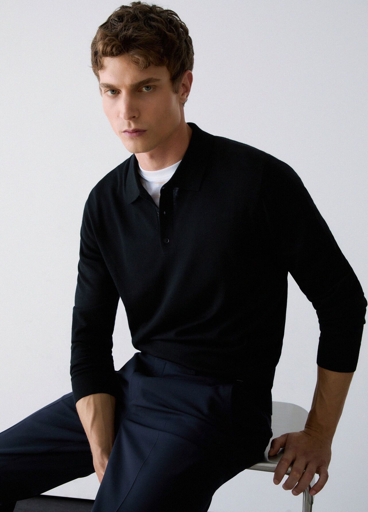Polo in lana merino - BLACK