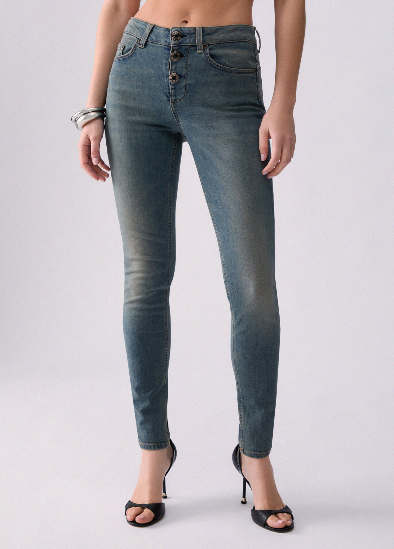 Jeans skinny con bottoni lavorati - BLUE DENIM