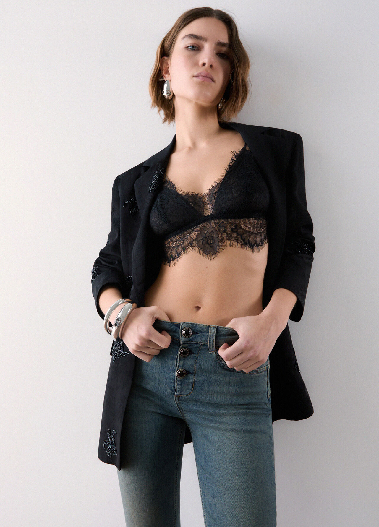Jeans skinny con bottoni lavorati - BLUE DENIM
